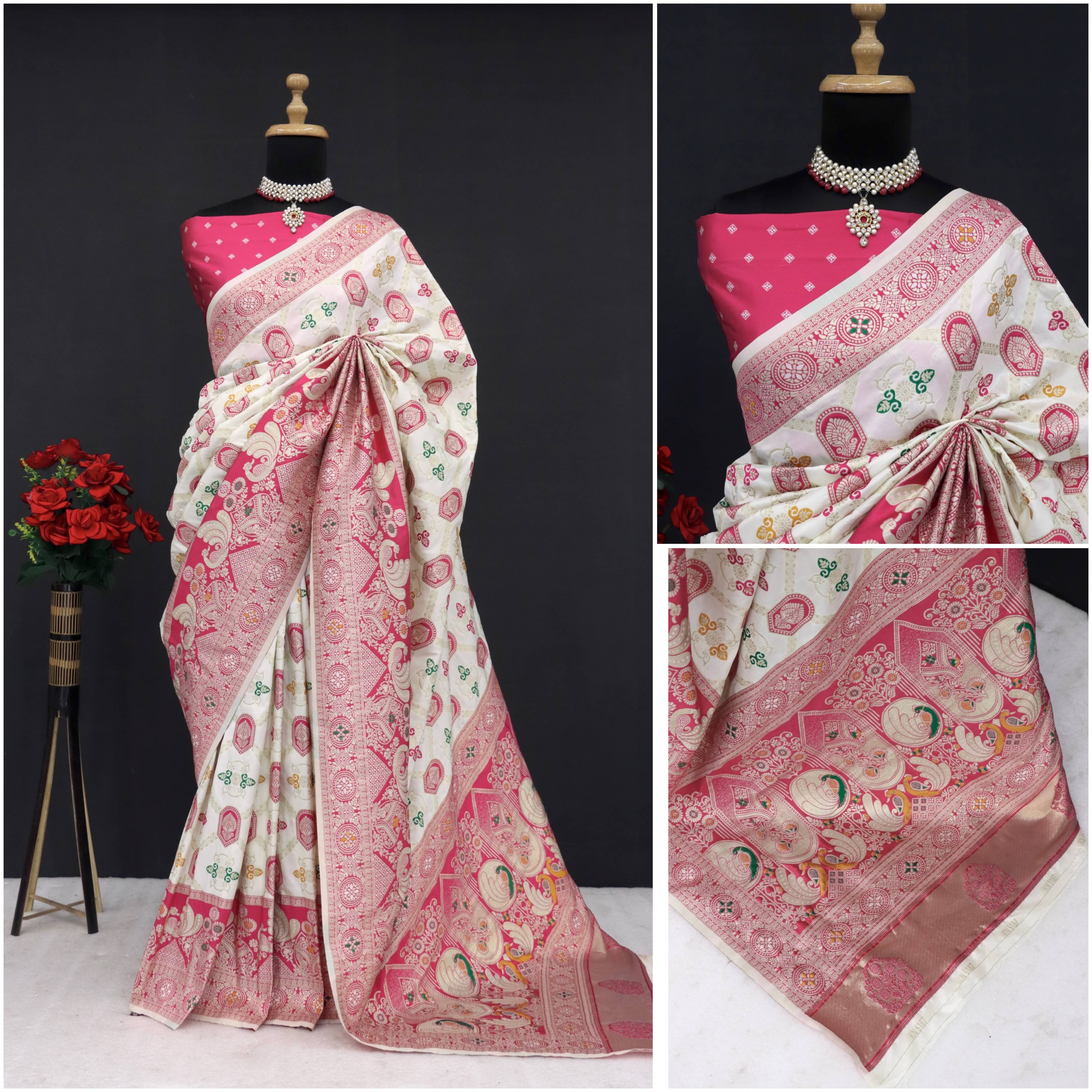     			SHRIMORI Silk Blend Printed Paithani Sarees With Unstitched Blouse Piece ( Pink )