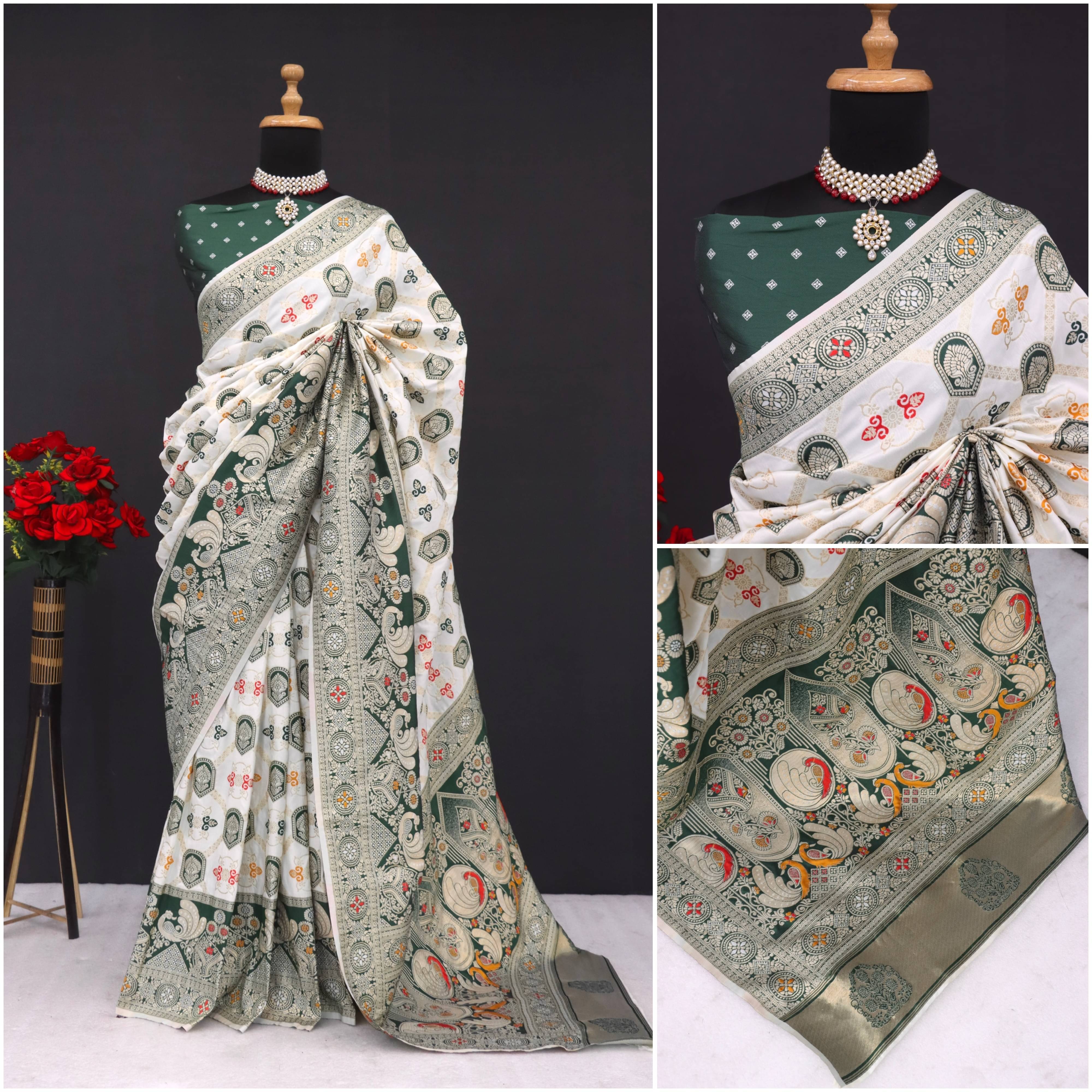     			SHRIMORI Silk Blend Printed Paithani Sarees With Unstitched Blouse Piece ( Green )
