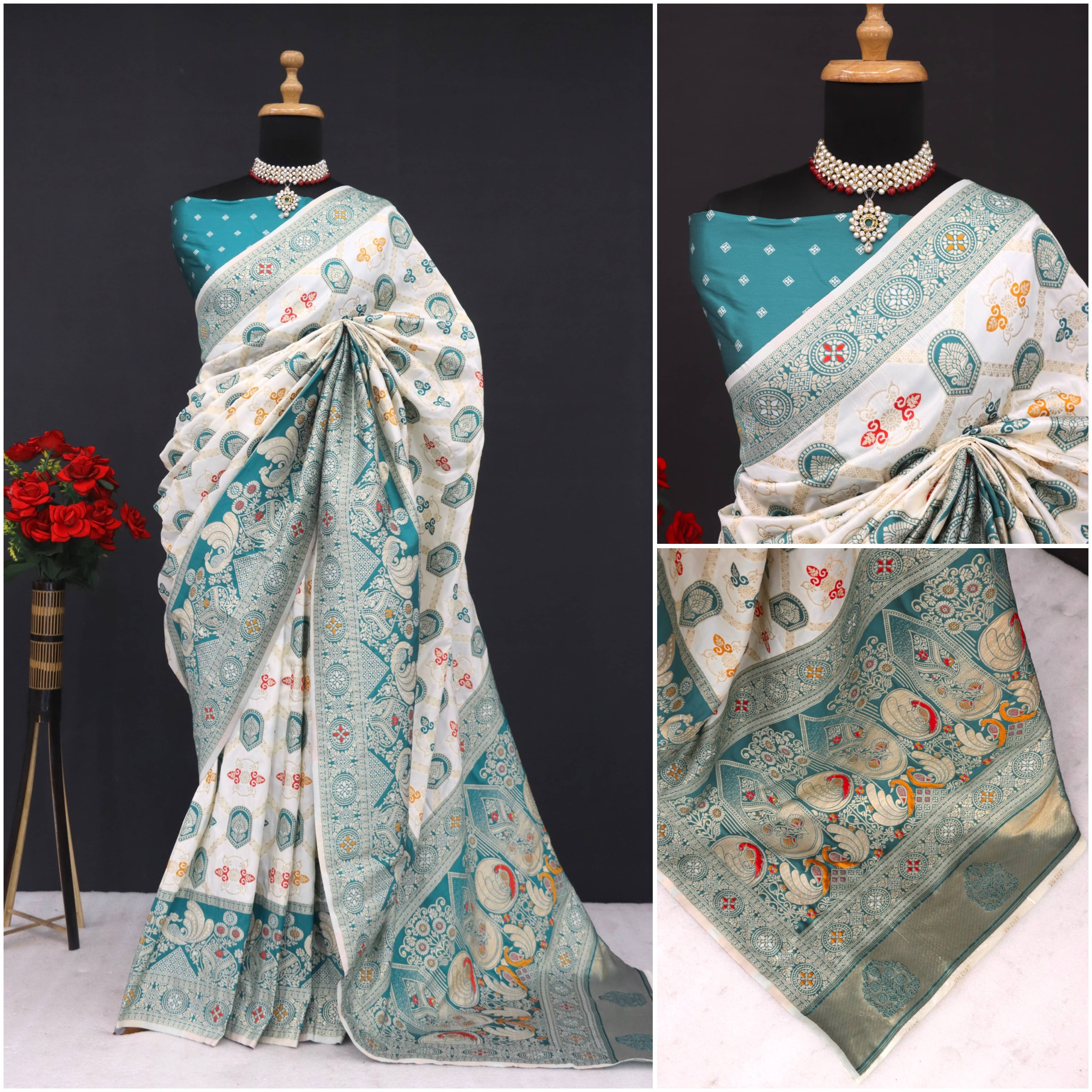 SHRIMORI Silk Blend Printed Paithani Sarees With Unstitched Blouse Piece ( Rama ) SHRIMORI Silk Blend Printed Paithani Sarees With Unstitched Blouse Piece ( Rama )