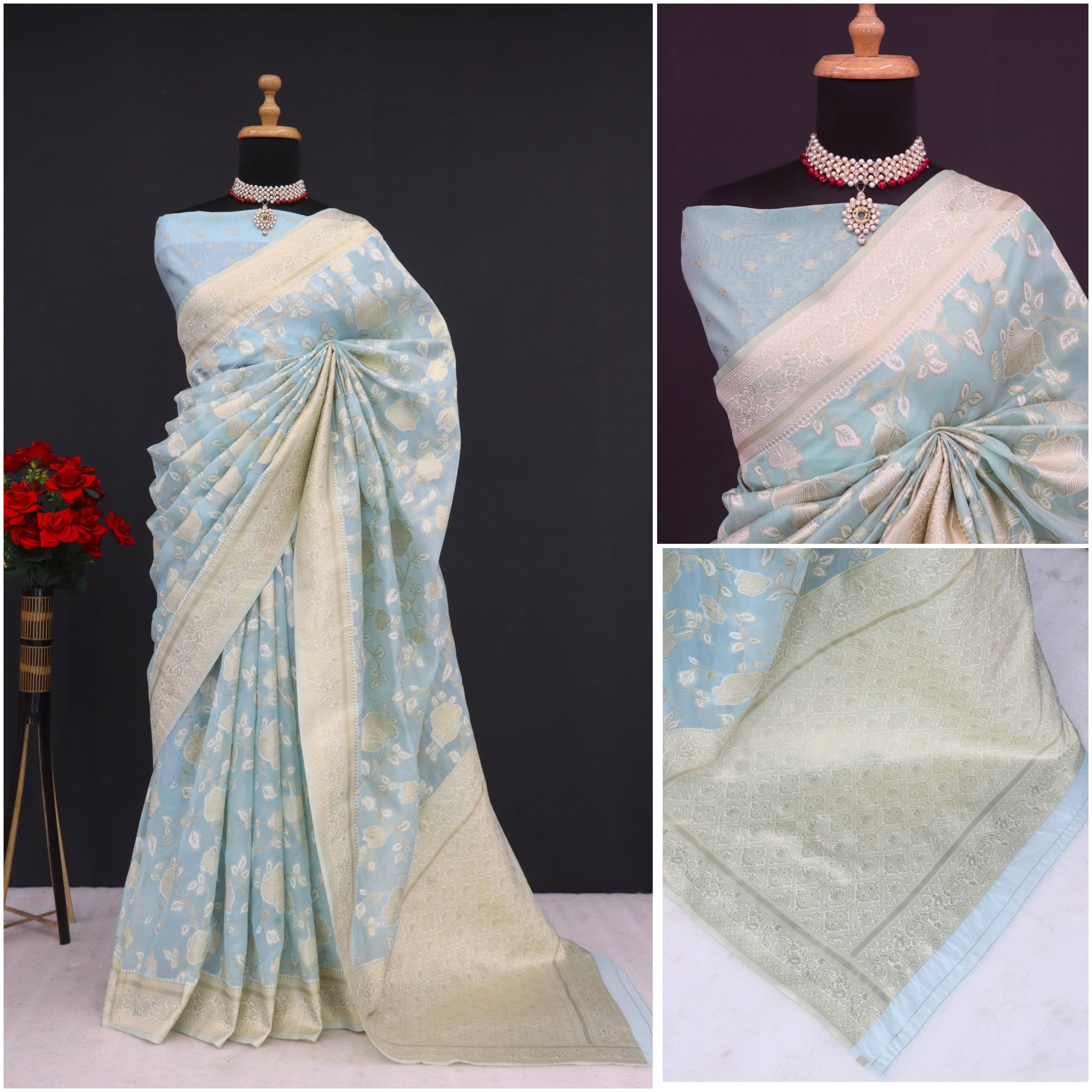SHRIMORI Tissue Printed Maheshwari Saree With Unstitched Blouse Piece ( Sky Blue )     			SHRIMORI Tissue Printed Maheshwari Saree With Unstitched Blouse Piece ( Sky Blue )