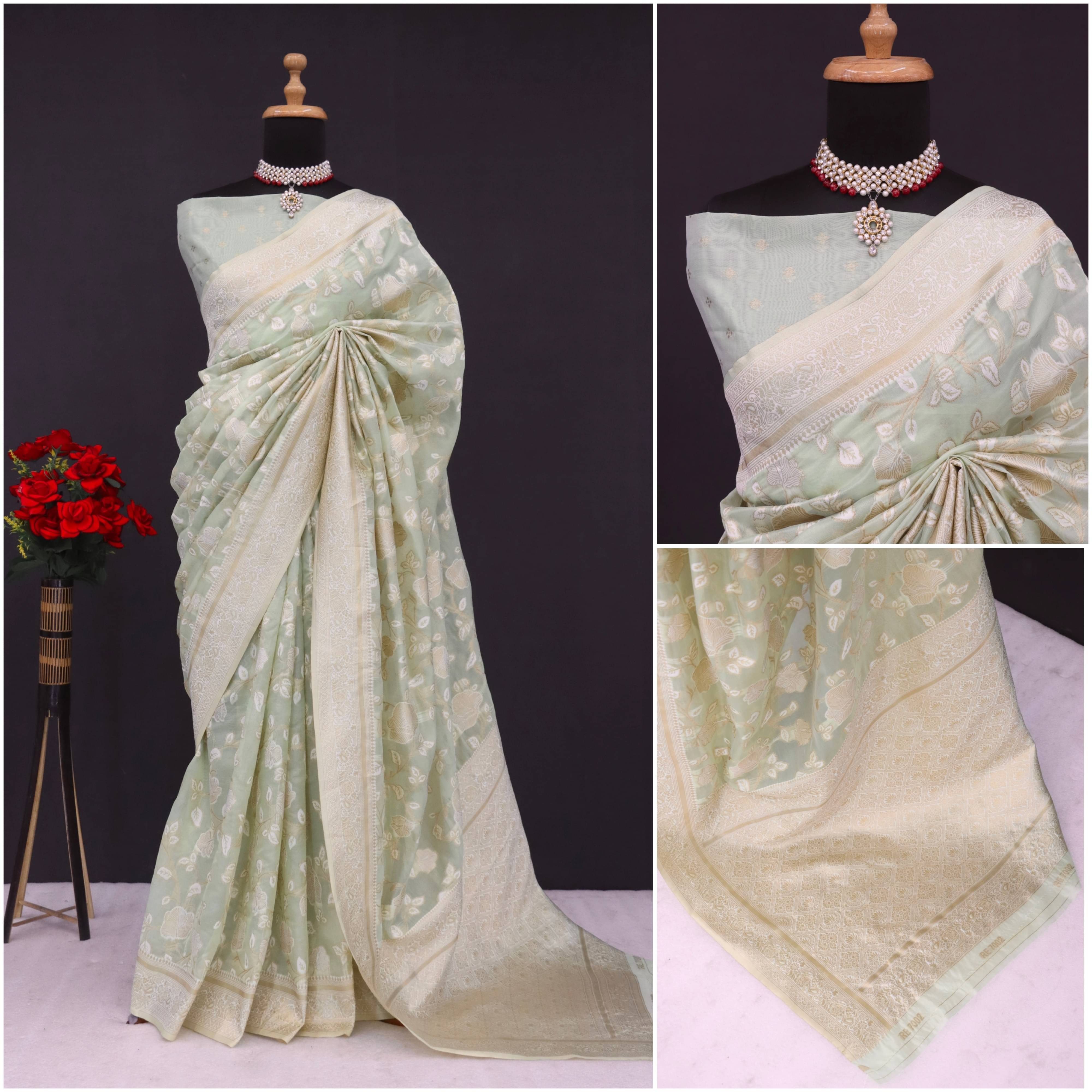 SHRIMORI Tissue Self Design Maheshwari Saree With Unstitched Blouse Piece ( Cream ) SHRIMORI Tissue Self Design Maheshwari Saree With Unstitched Blouse Piece ( Cream )