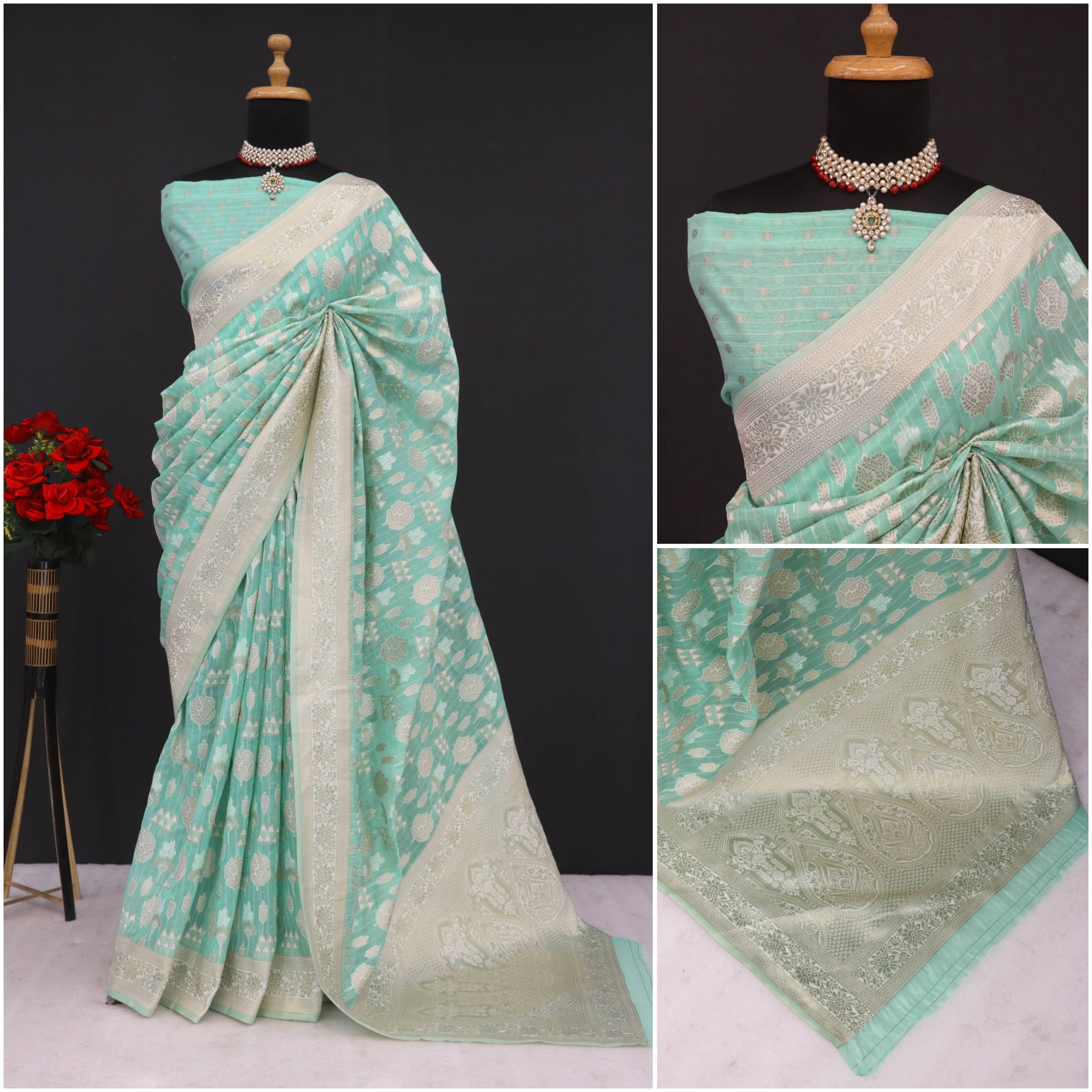 SHRIMORI Tissue Self Design Maheshwari Saree With Unstitched Blouse Piece ( Teal ) SHRIMORI Tissue Self Design Maheshwari Saree With Unstitched Blouse Piece ( Teal )