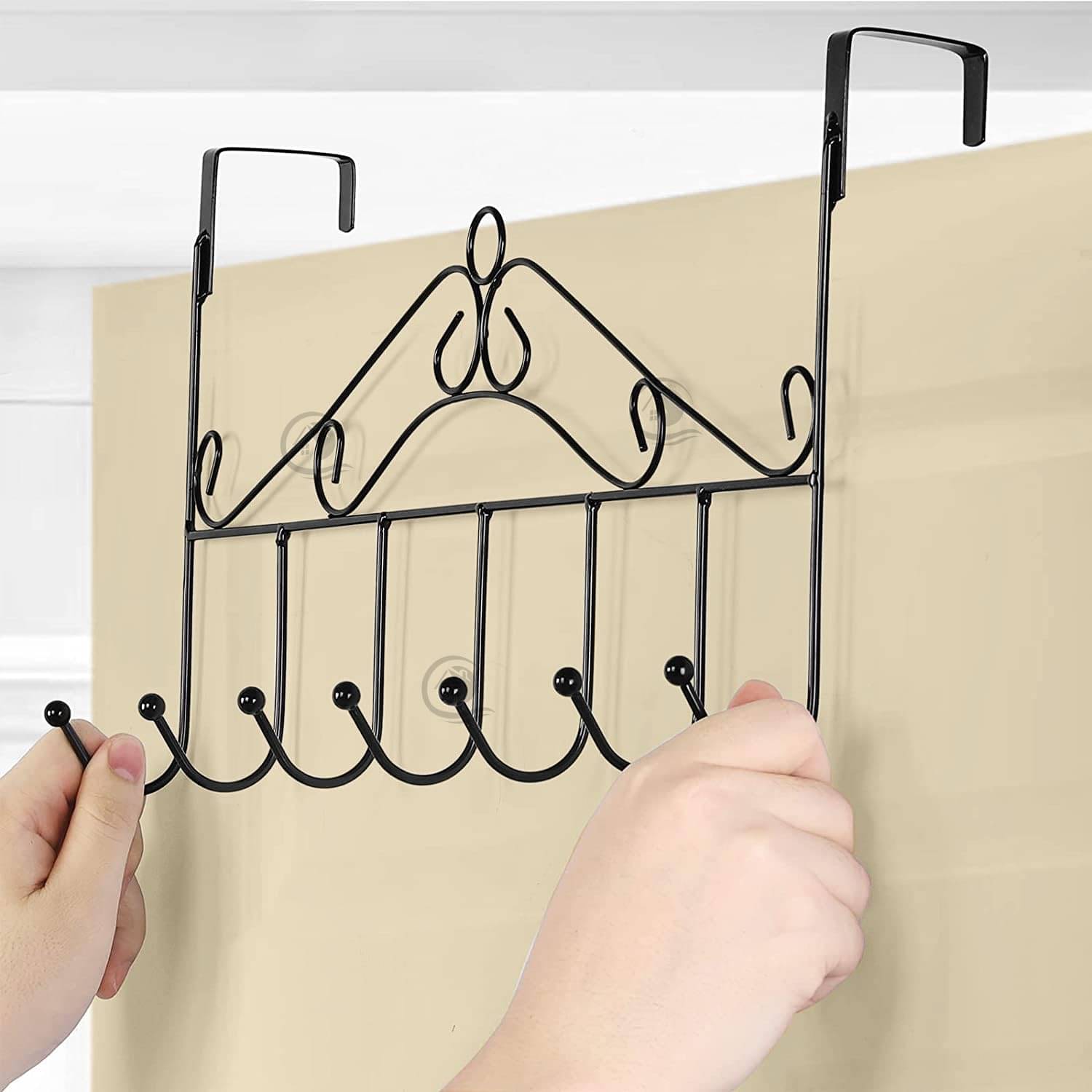     			SNR Door Hanger with 7 Hooks for Clothes, Over Door Hooks,Behind door hangers,Purses, Towel, Scarf, Belt, Hat, etc. Metal Hanging Rack Organizer NO Hole Drilling Require Door Hanger, Black