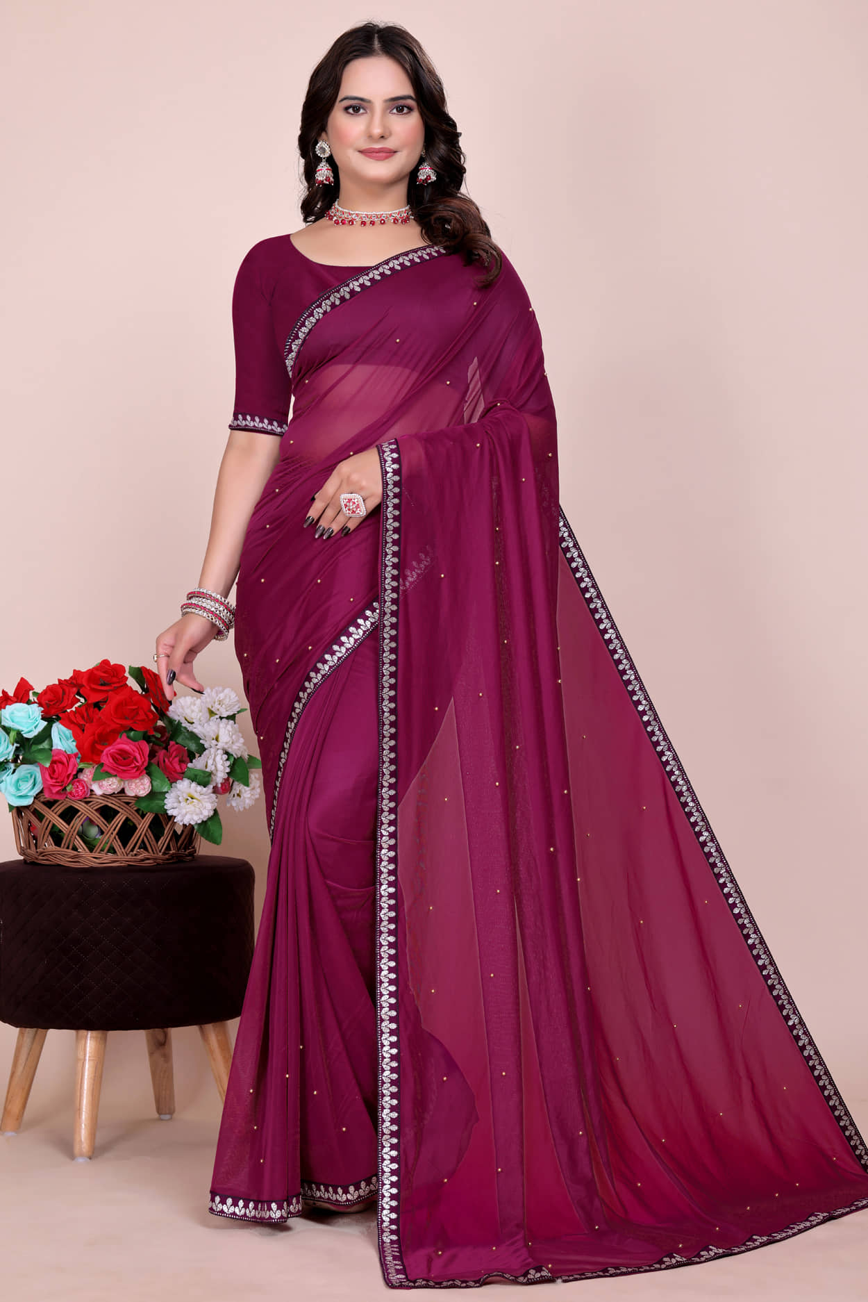 Saadhvi Lycra Solid Saree With Unstitched Blouse Piece ( Purple ) - Sarees | Buy online on ZillyBuy