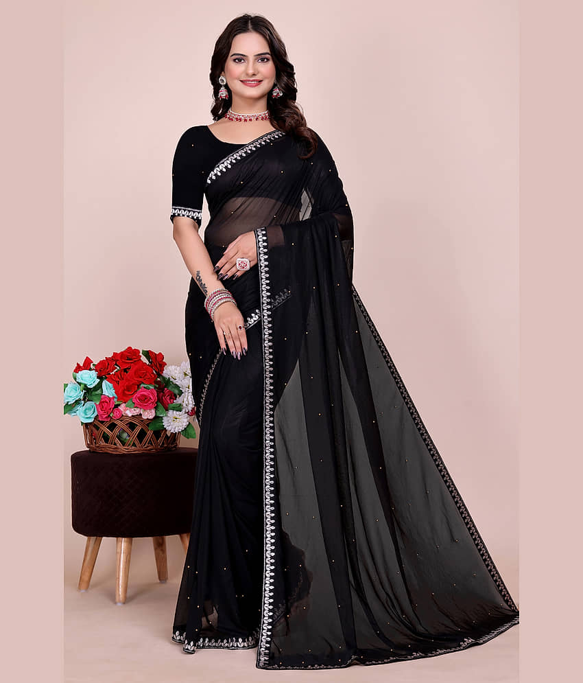 Saadhvi Lycra Solid Saree With Unstitched Blouse Piece ( Black ) - Sarees | Buy online on ZillyBuy