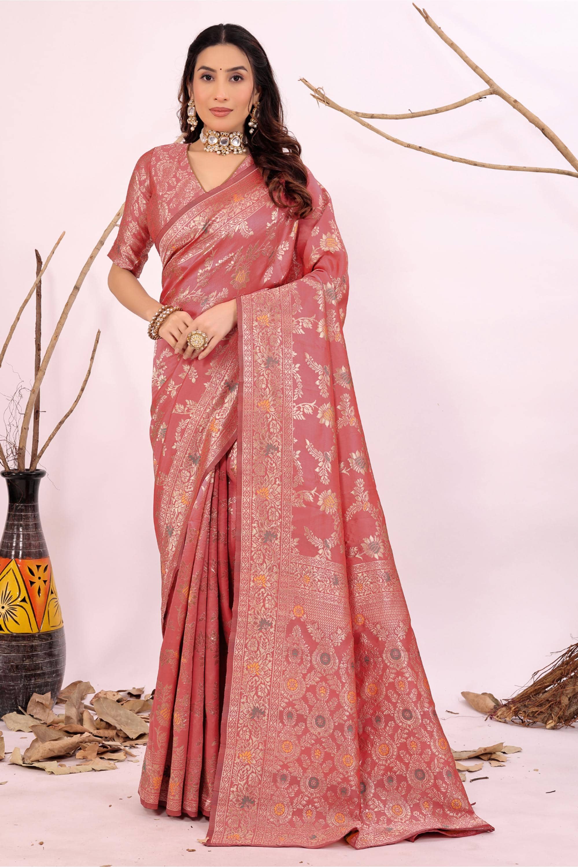 Samai Silk Embellished Kanjeevaram Sarees With Unstitched Blouse Piece ( Peach ) - Sarees | Buy online on ZillyBuy