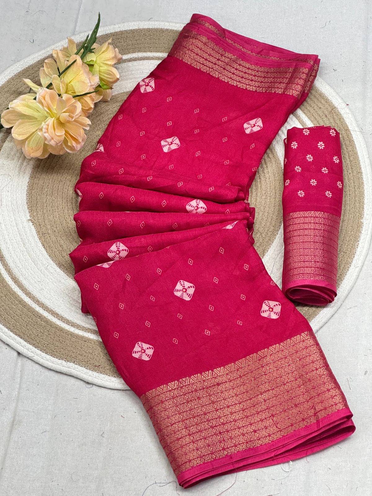 Sanjana Silks Cotton Silk Printed Bandhani Sarees With Unstitched Blouse Piece ( Pink )     			Sanjana Silks Cotton Silk Printed Bandhani Sarees With Unstitched Blouse Piece ( Pink )