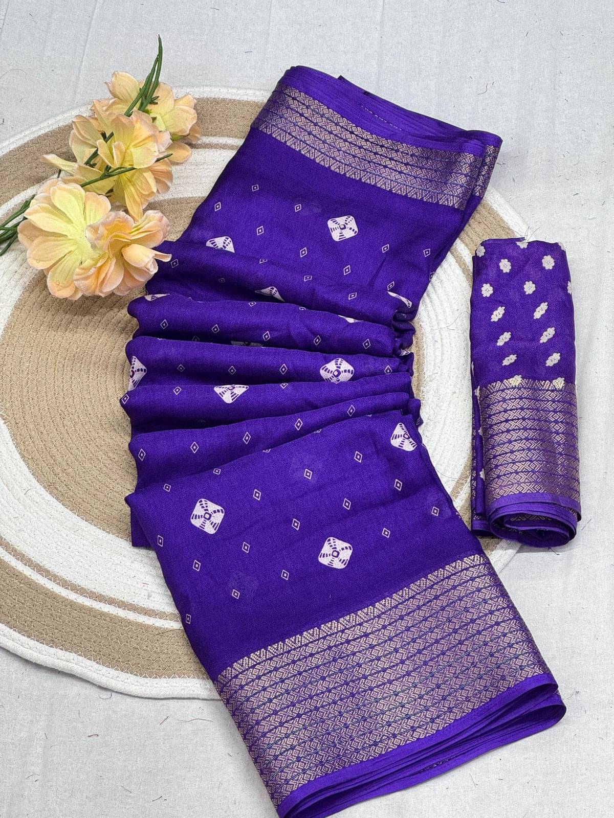 Sanjana Silks Cotton Silk Printed Bandhani Sarees With Unstitched Blouse Piece ( Purple )     			Sanjana Silks Cotton Silk Printed Bandhani Sarees With Unstitched Blouse Piece ( Purple )