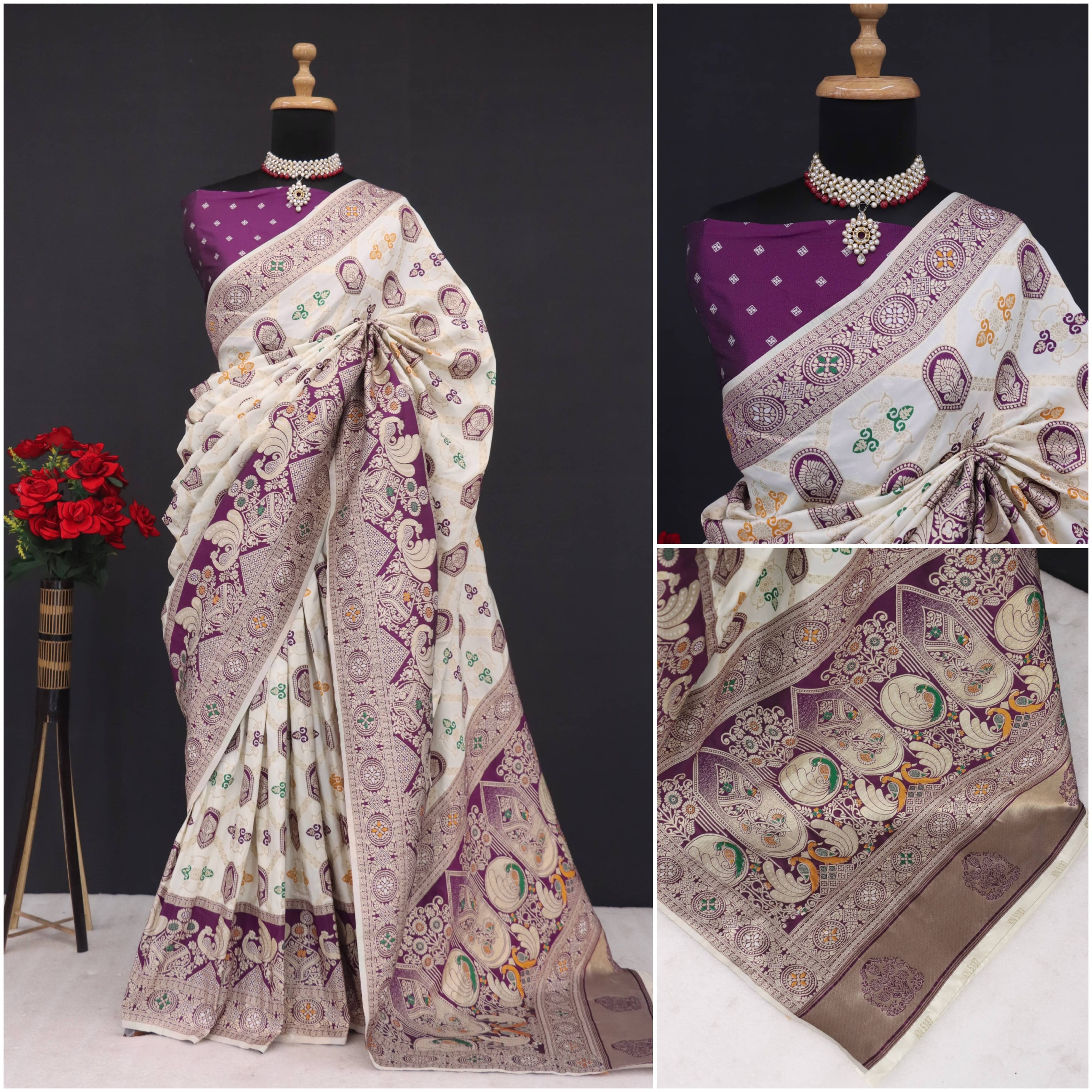 Sanjana Silks Silk Blend Embellished Banarasi saree With Unstitched Blouse Piece ( Purple ) Sanjana Silks Silk Blend Embellished Banarasi saree With Unstitched Blouse Piece ( Purple )