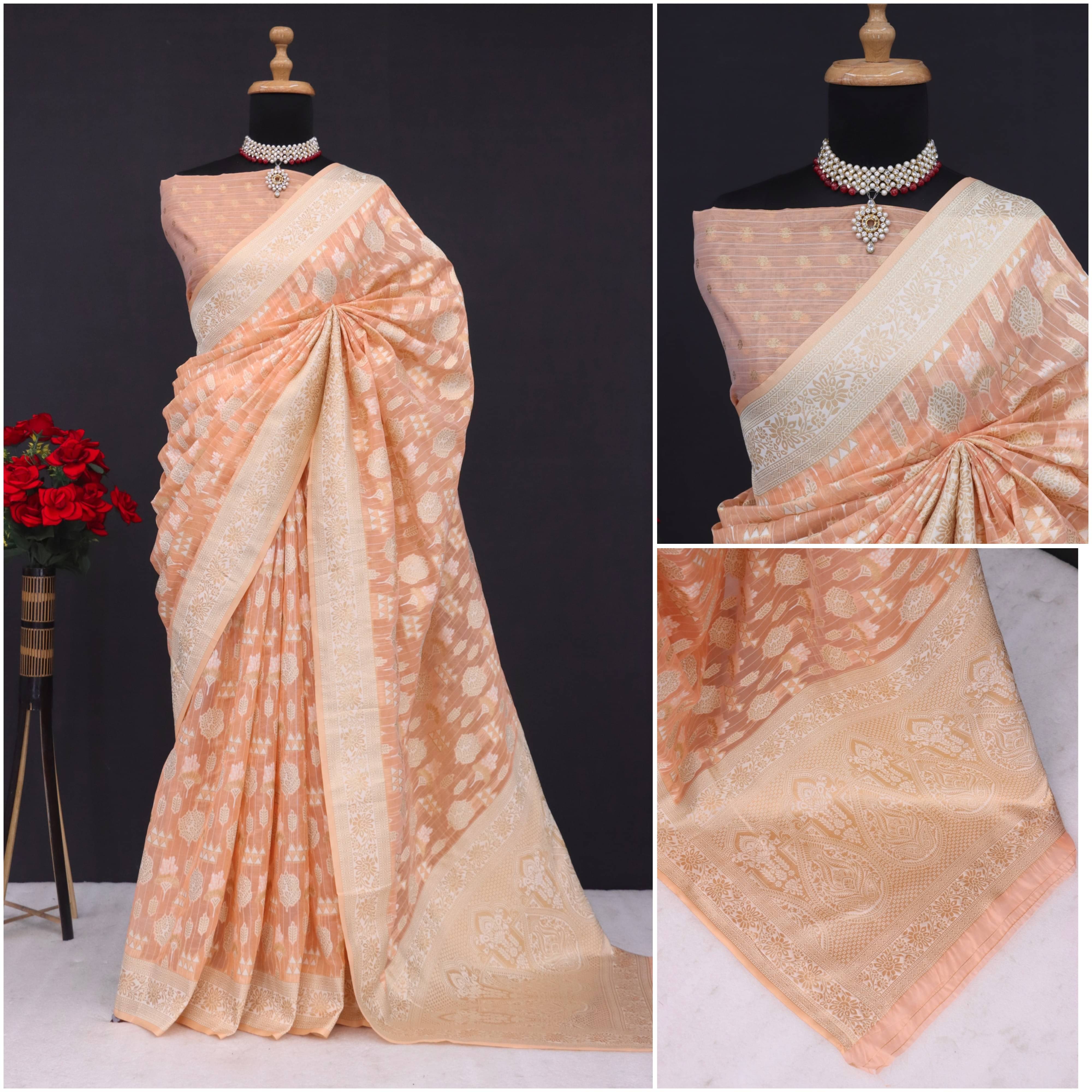     			Sanjana Silks Tissue Embellished Maheshwari Saree With Unstitched Blouse Piece ( Peach )
