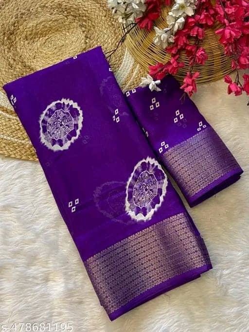 Sanwariya Silks Cotton Silk Printed Bandhani Sarees With Unstitched Blouse Piece ( Purple ) - Sarees | Buy online on ZillyBuy