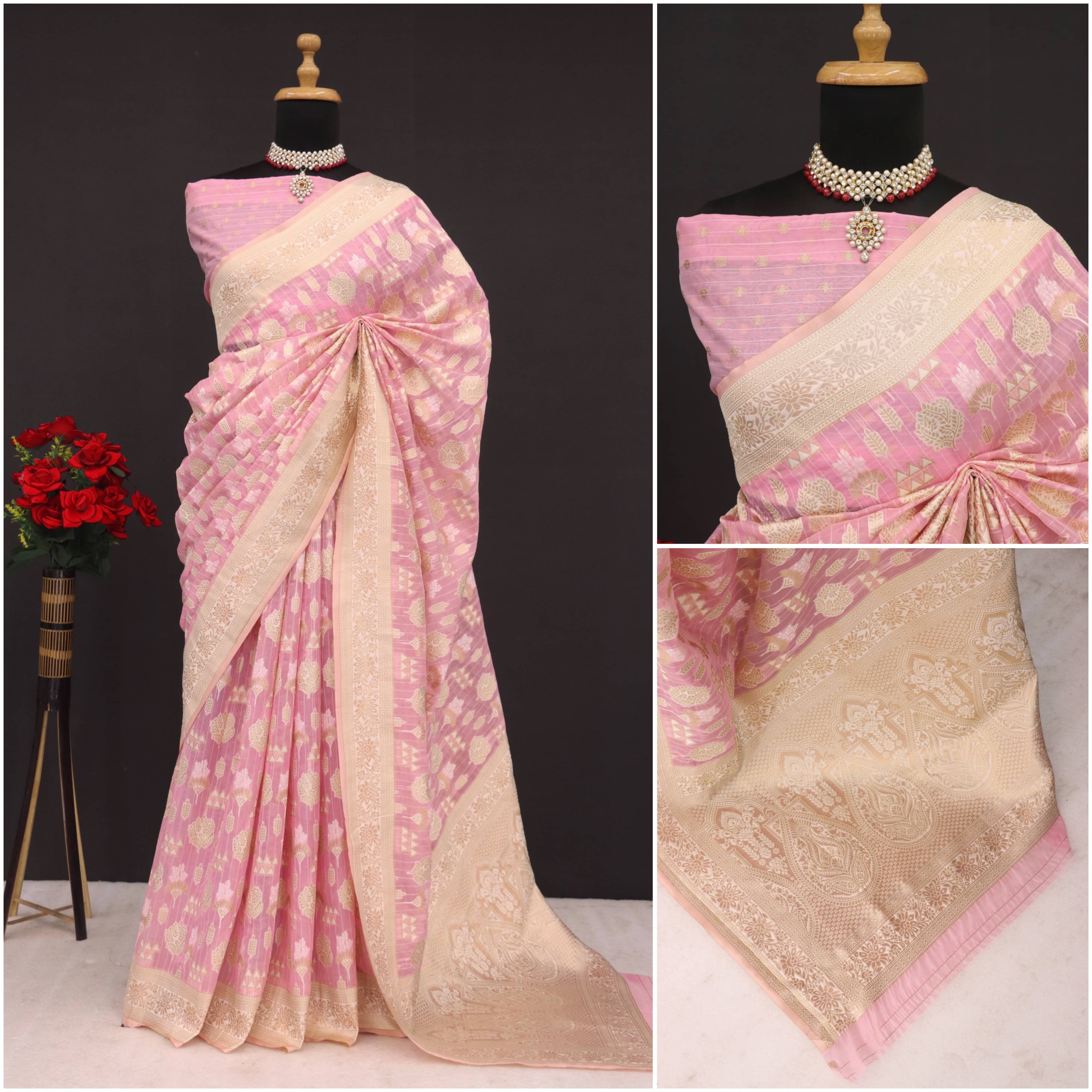 Sanwariya Silks Tissue Printed Maheshwari Saree With Unstitched Blouse Piece ( Pink ) Sanwariya Silks Tissue Printed Maheshwari Saree With Unstitched Blouse Piece ( Pink )