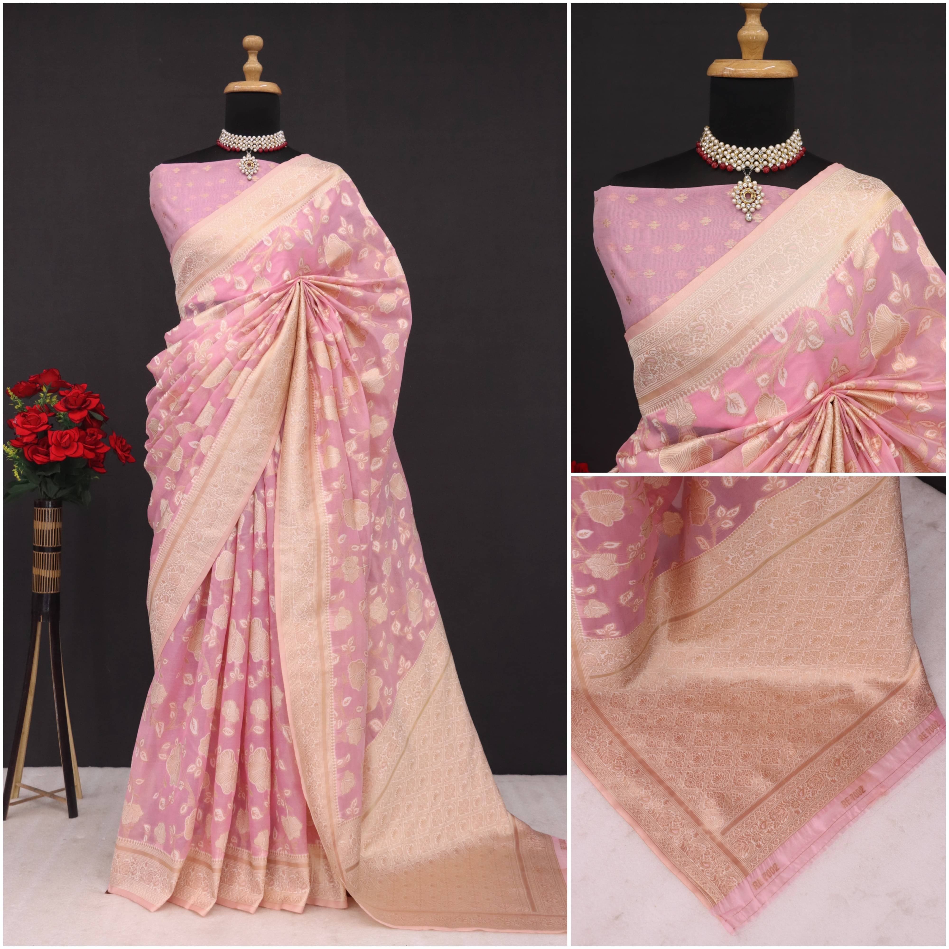 Sanwariya Silks Tissue Printed Maheshwari Saree With Unstitched Blouse Piece ( Pink ) Sanwariya Silks Tissue Printed Maheshwari Saree With Unstitched Blouse Piece ( Pink )