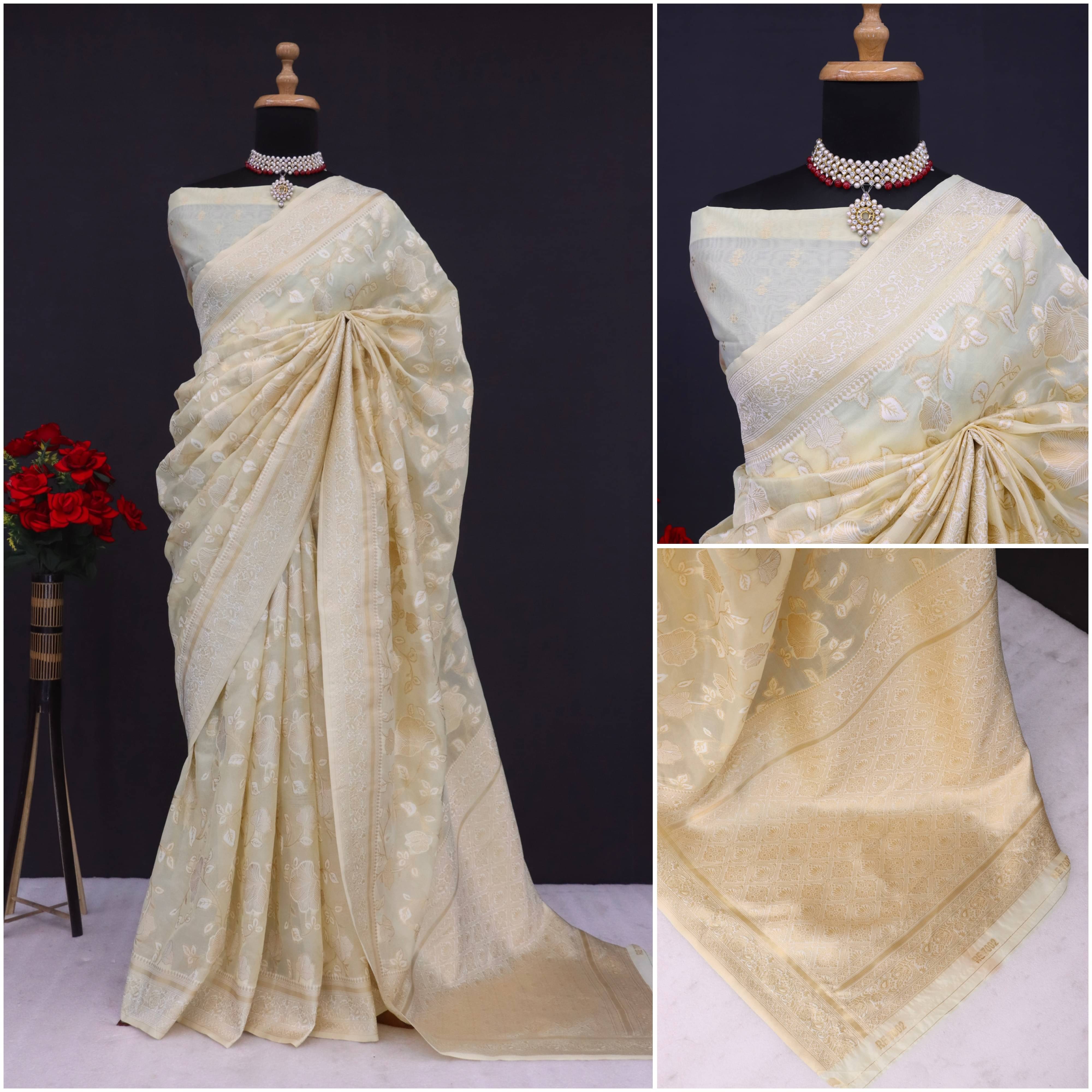 Sanwariya Silks Tissue Printed Maheshwari Saree With Unstitched Blouse Piece ( Cream ) Sanwariya Silks Tissue Printed Maheshwari Saree With Unstitched Blouse Piece ( Cream )