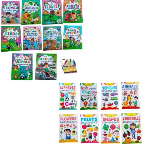 Set of 18 Kids Coloring Books with Crayons – 16 Pages Each | Educational & Bilingual Themes: Alphabet, Hindi, Vehicles, Animals, Fruits, Shapes & More | Art Activity Book for Boys & Girls Age 3+ Set of 18 Kids Coloring Books with Crayons – 16 Pages Each | Educational & Bilingual Themes: Alphabet, Hindi, Vehicles, Animals, Fruits, Shapes & More | Art Activity Book for Boys & Girls Age 3+