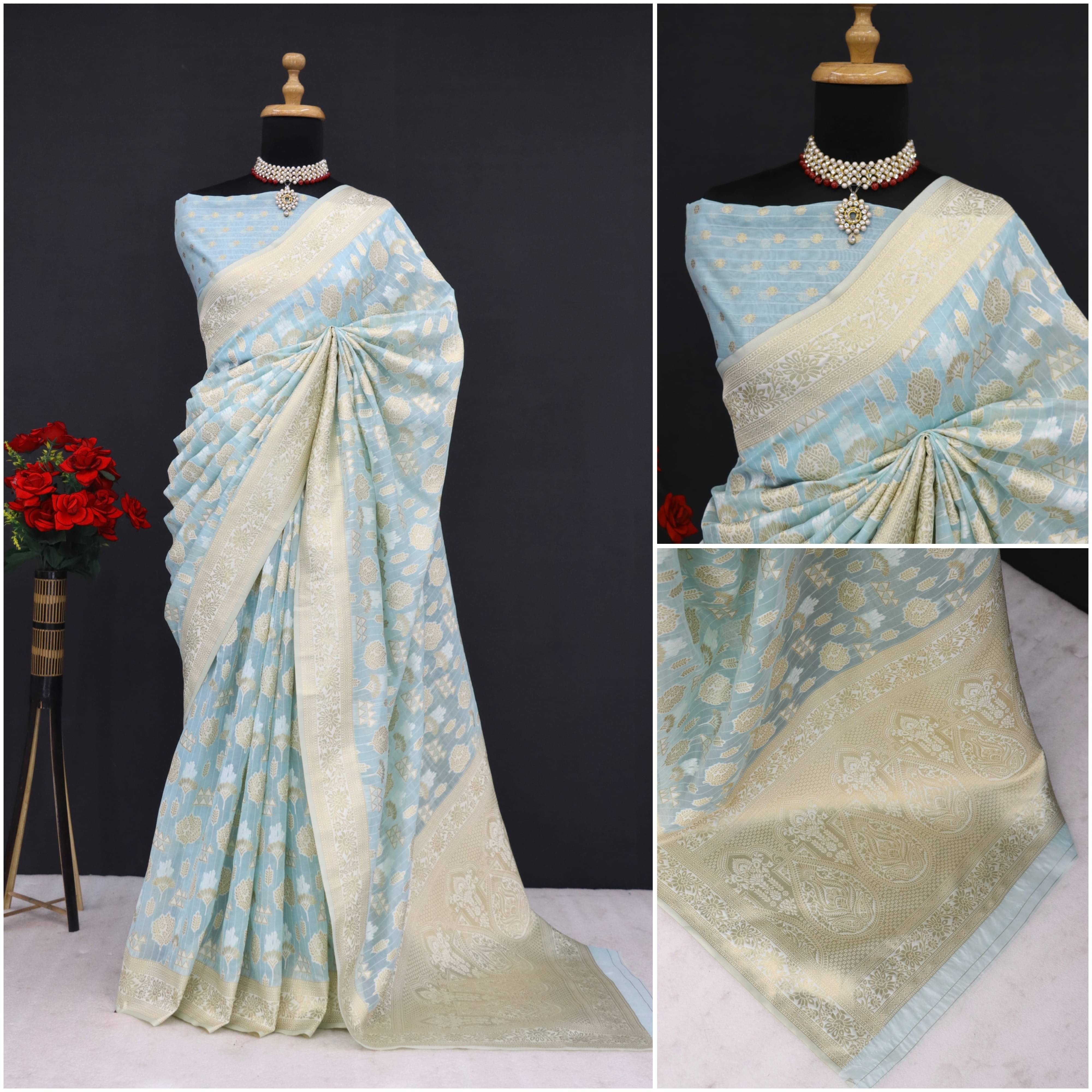 Sitanjali Lifestyle Tissue Embellished Maheshwari Saree With Unstitched Blouse Piece ( Sky Blue ) Sitanjali Lifestyle Tissue Embellished Maheshwari Saree With Unstitched Blouse Piece ( Sky Blue )