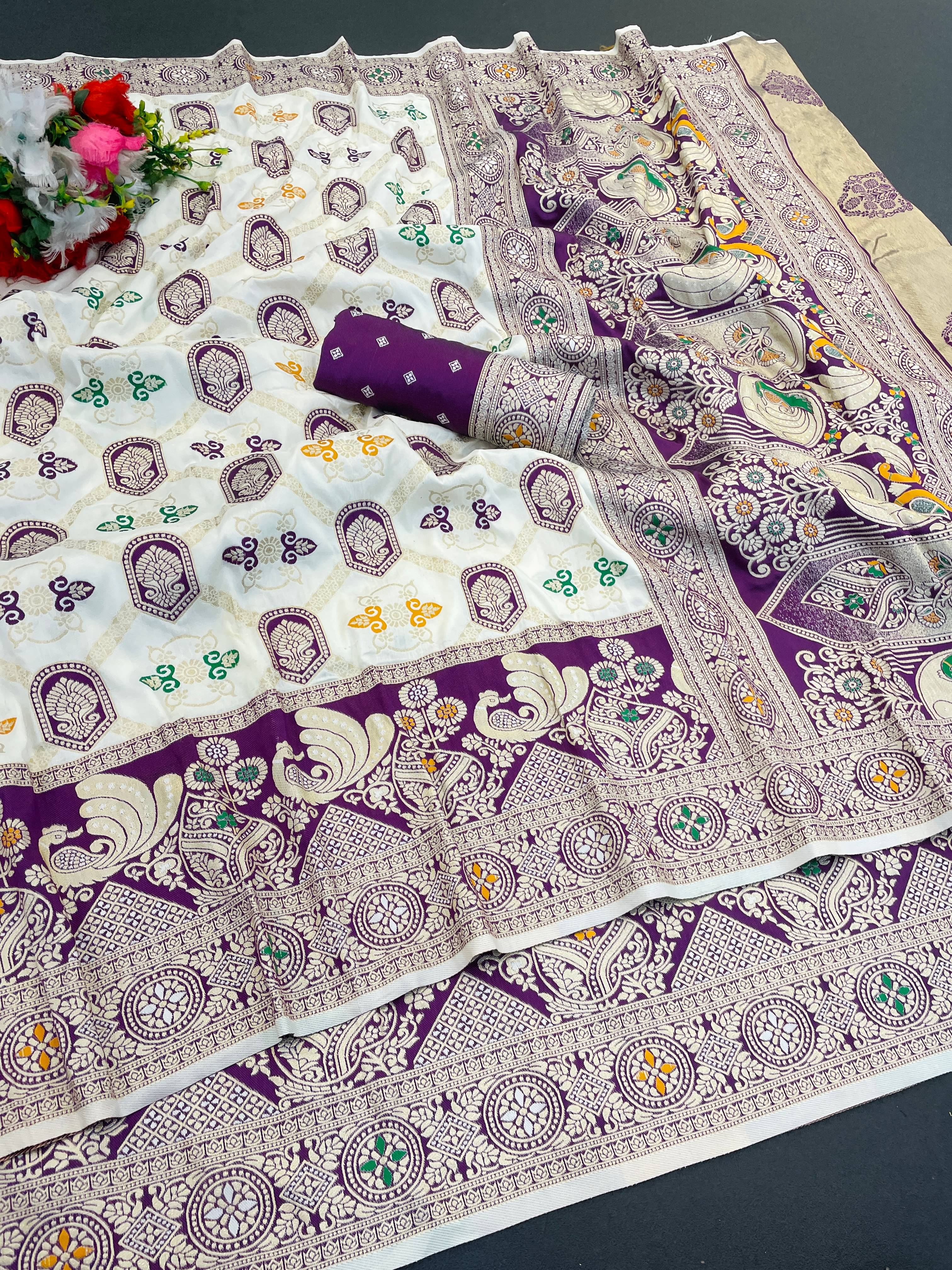 Sitanjali Silk Blend Printed Banarasi saree With Unstitched Blouse Piece ( Purple ) Sitanjali Silk Blend Printed Banarasi saree With Unstitched Blouse Piece ( Purple )