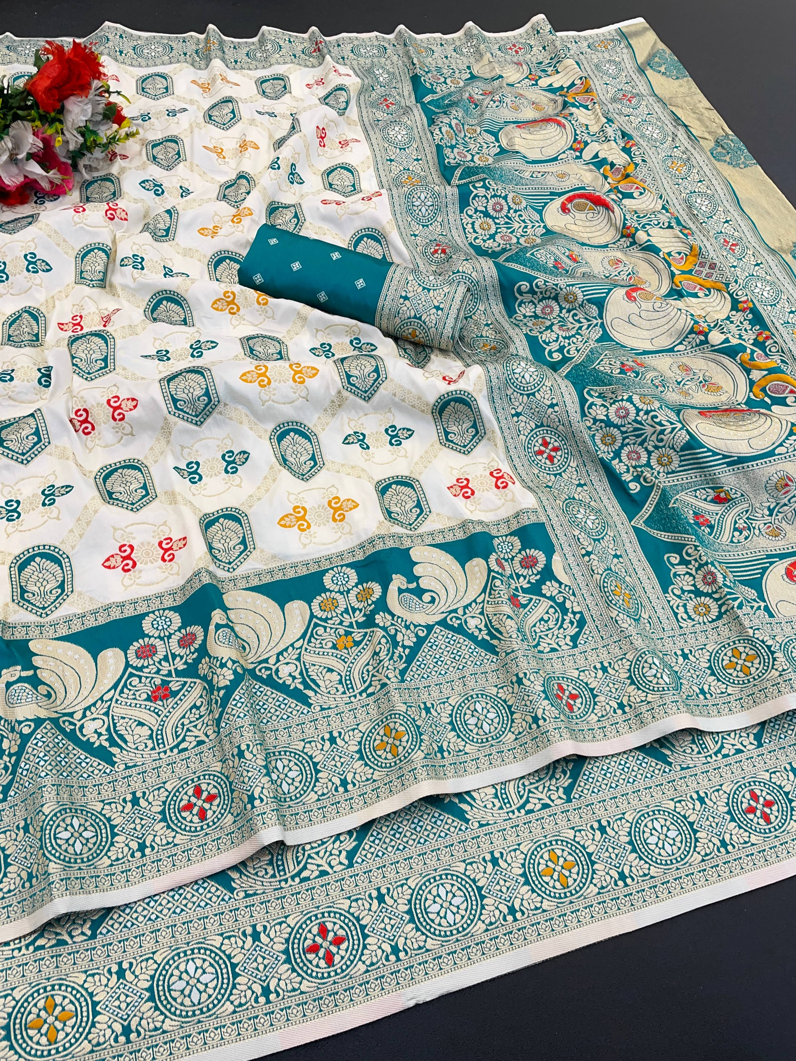     			Sitanjali Silk Blend Printed Banarasi saree With Unstitched Blouse Piece ( Rama )