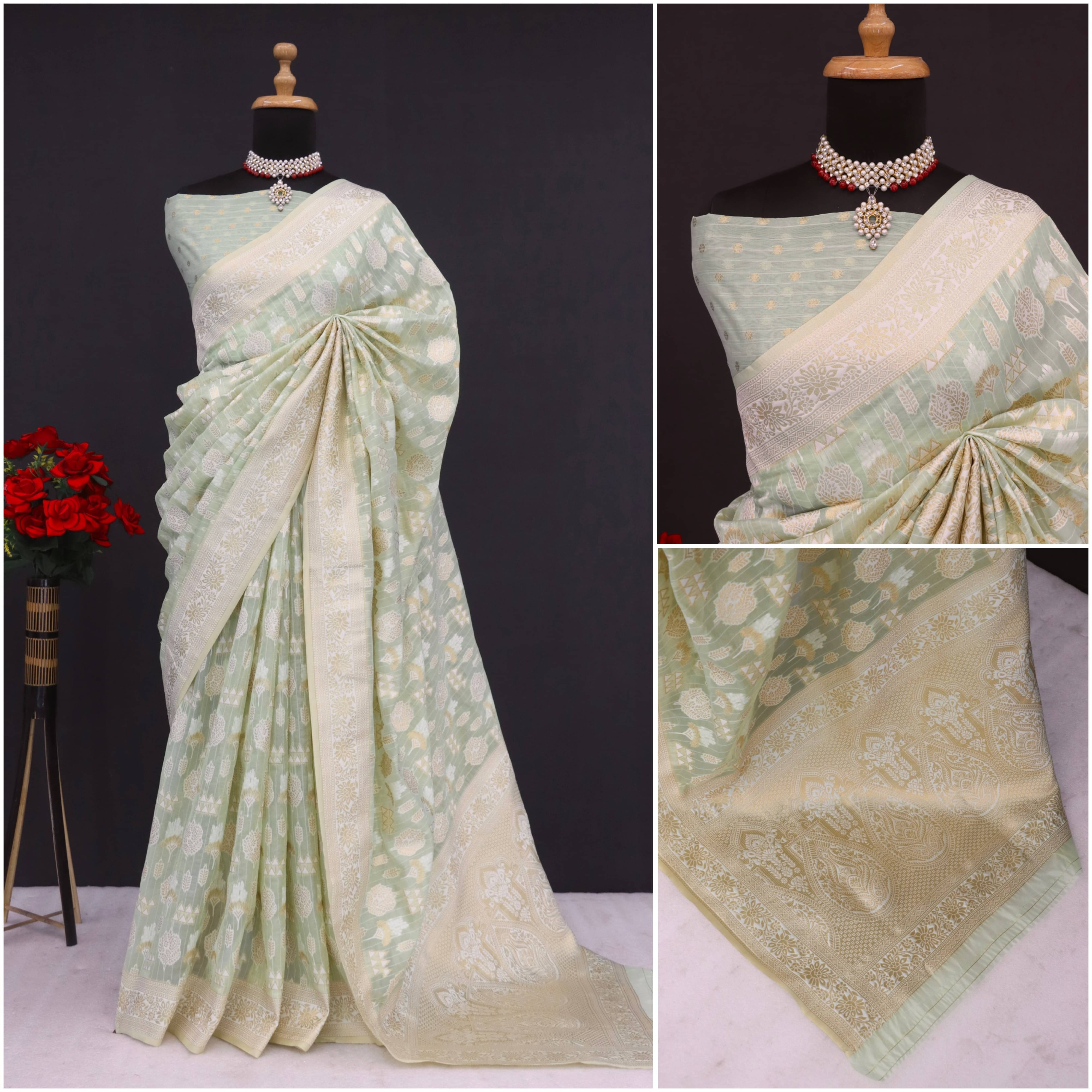 Sitanjali Tissue Printed Maheshwari Saree With Unstitched Blouse Piece ( Green ) Sitanjali Tissue Printed Maheshwari Saree With Unstitched Blouse Piece ( Green )