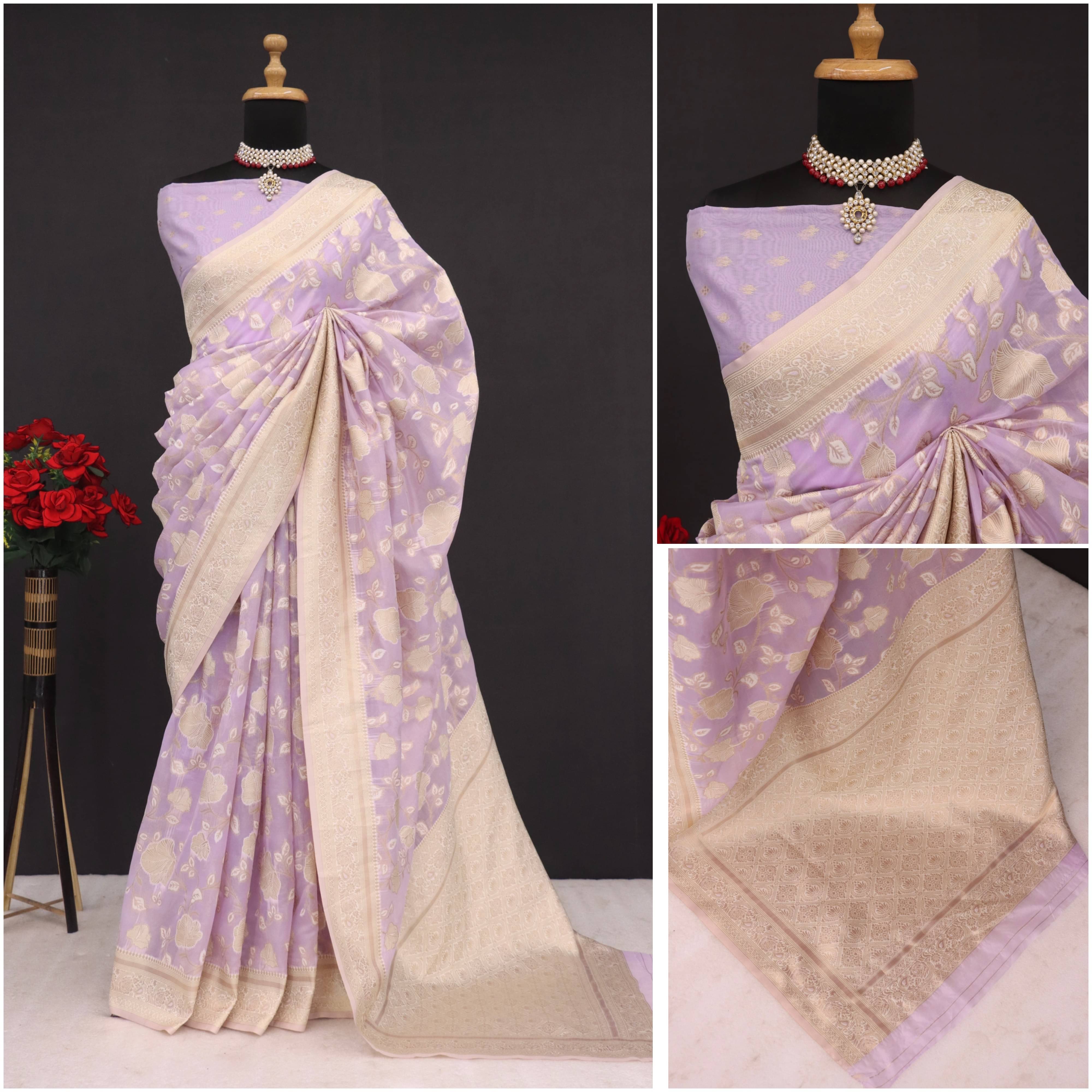 Sitanjali Tissue Printed Maheshwari Saree With Unstitched Blouse Piece ( Lavender ) Sitanjali Tissue Printed Maheshwari Saree With Unstitched Blouse Piece ( Lavender )