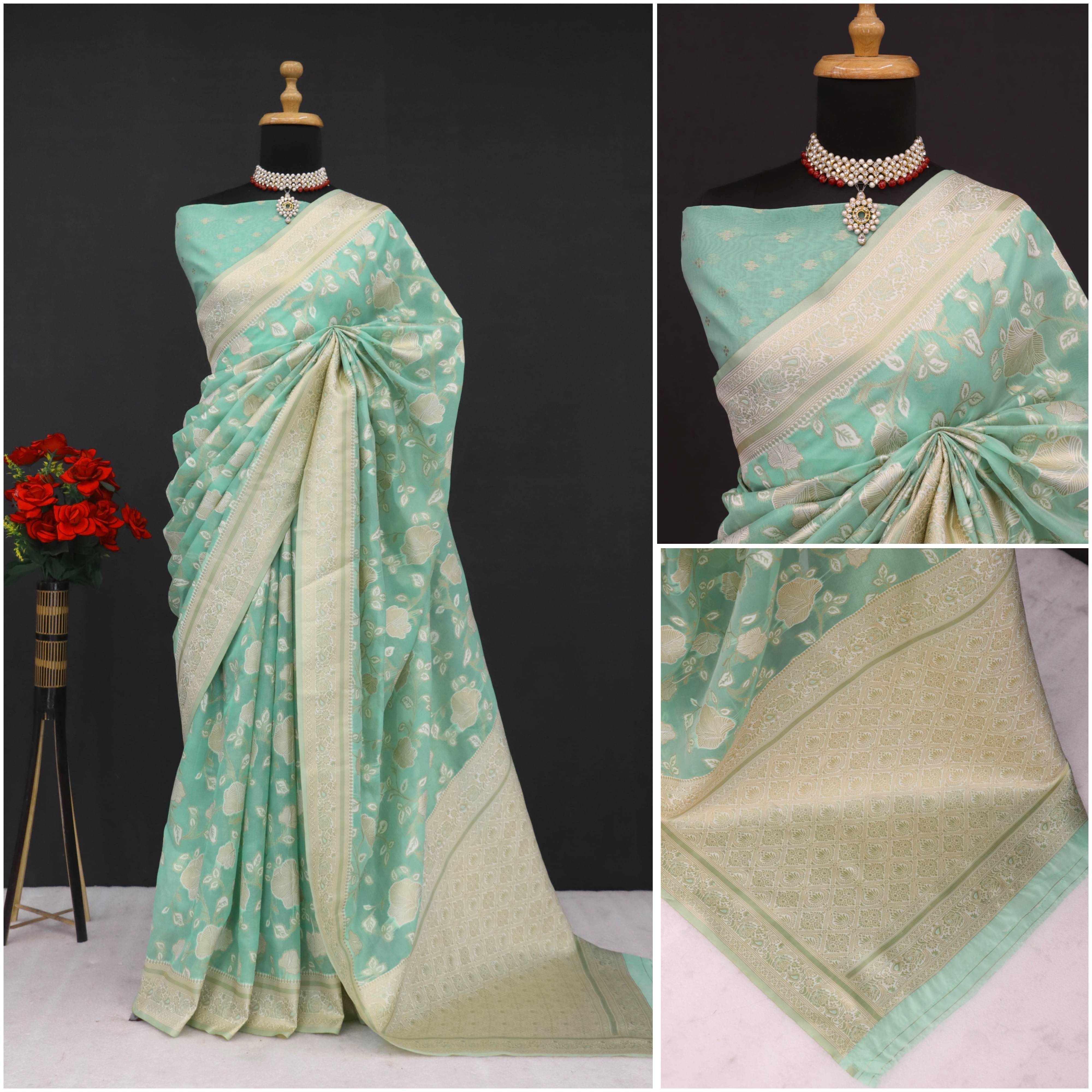 Sitanjali Tissue Printed Maheshwari Saree With Unstitched Blouse Piece ( Teal ) Sitanjali Tissue Printed Maheshwari Saree With Unstitched Blouse Piece ( Teal )