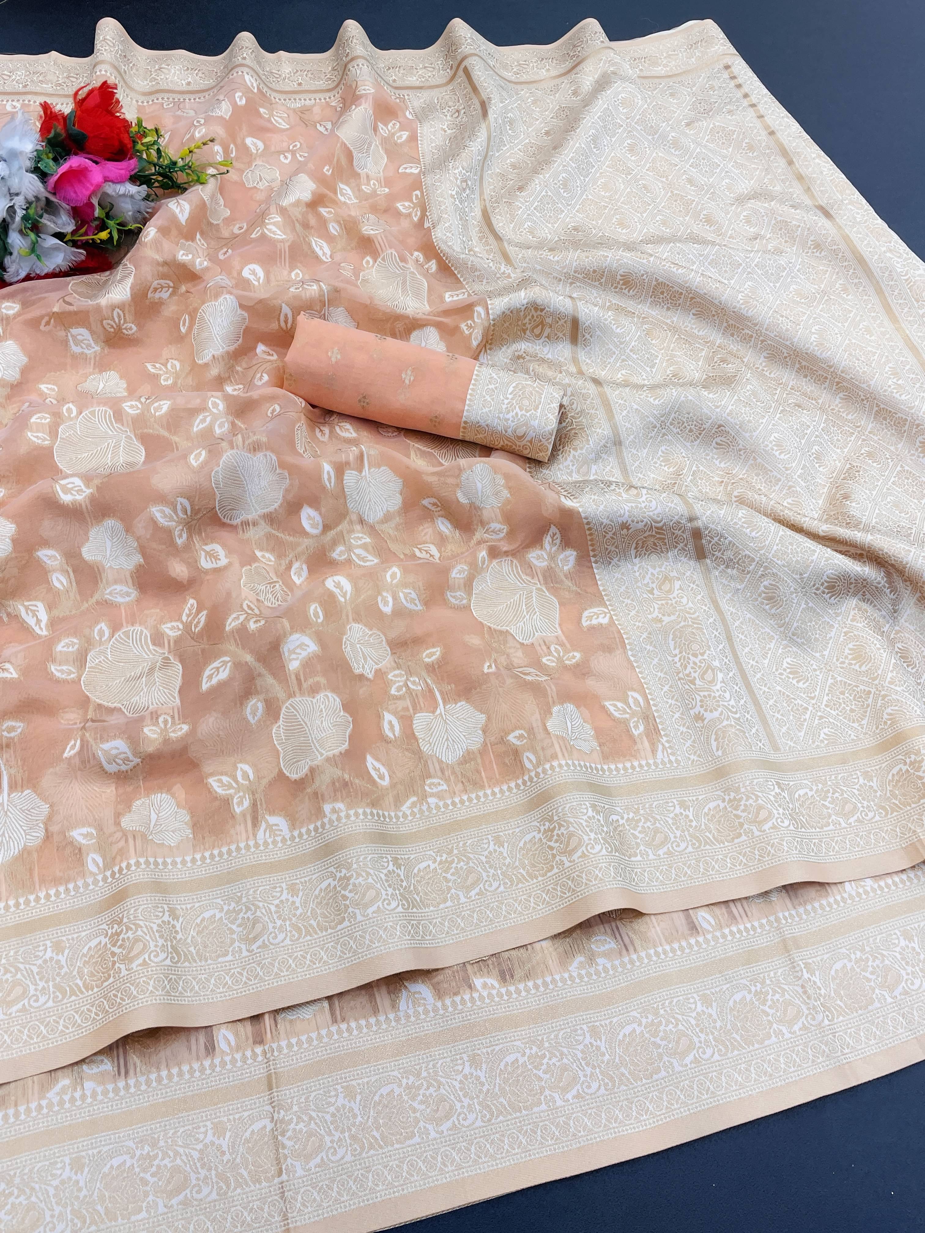 Sitanjali Tissue Printed Maheshwari Saree With Unstitched Blouse Piece ( Peach ) Sitanjali Tissue Printed Maheshwari Saree With Unstitched Blouse Piece ( Peach )