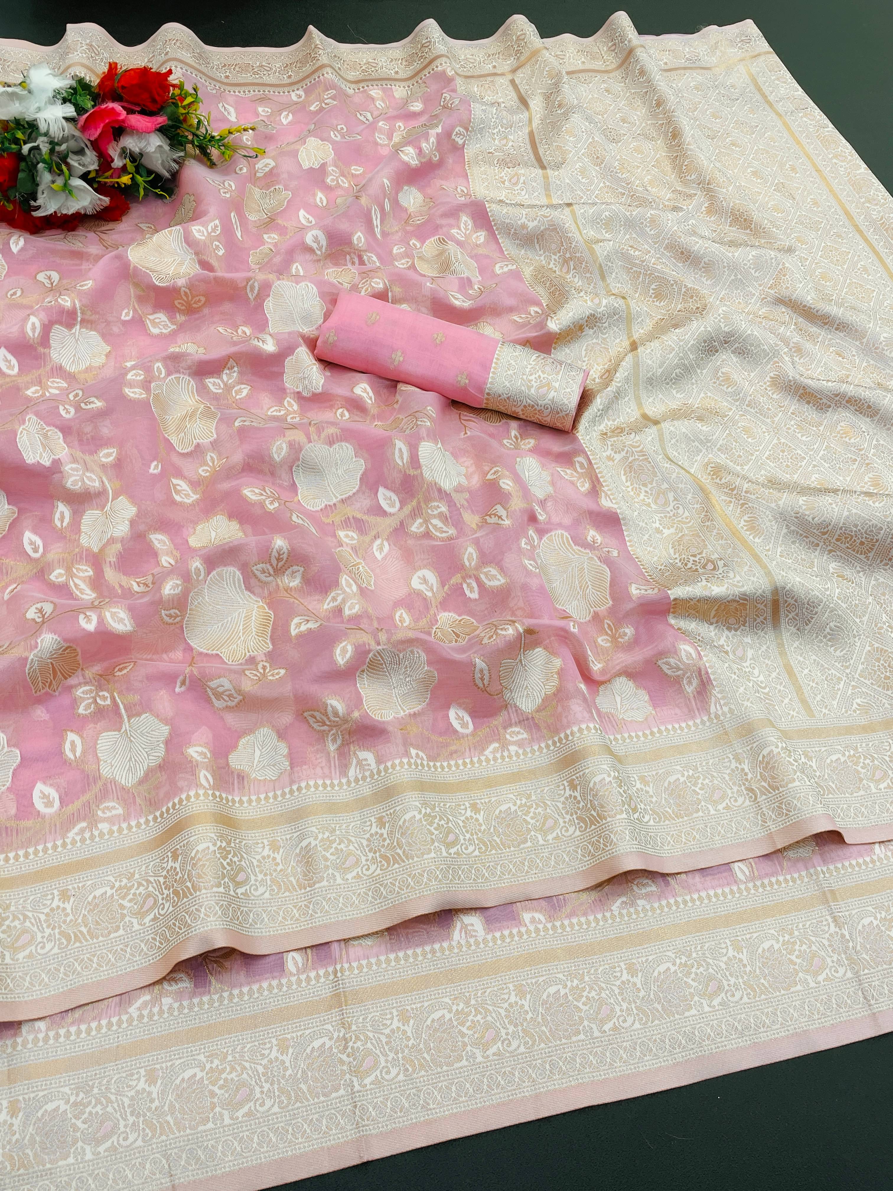     			Sitanjali Tissue Printed Maheshwari Saree With Unstitched Blouse Piece ( Pink )