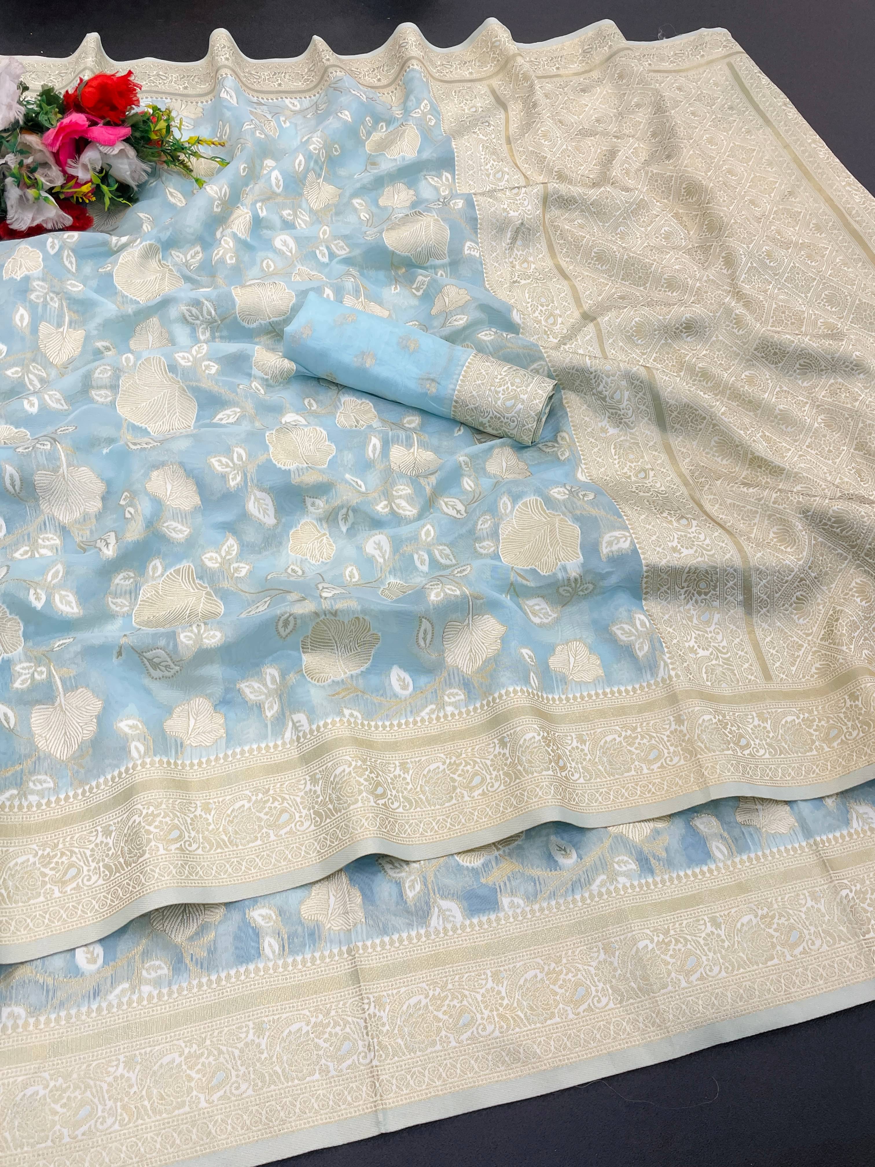     			Sitanjali Tissue Printed Maheshwari Saree With Unstitched Blouse Piece ( Sky Blue )