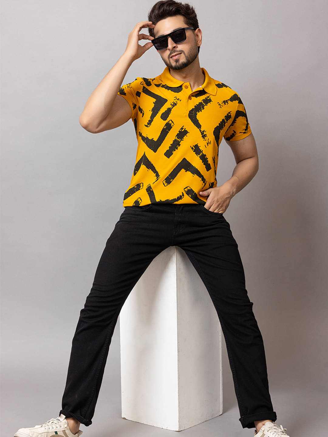 TRIUS Men Cotton Blend Regular Fit Printed Polo T Shirt ( Mustard ) TRIUS Men Cotton Blend Regular Fit Printed Polo T Shirt ( Mustard )