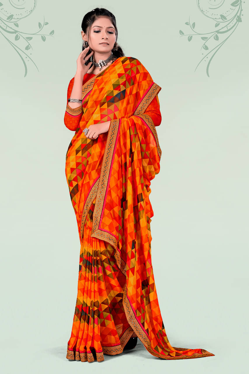 VAANISRI Georgette Printed Leheriya Saree With Unstitched Blouse Piece ( Orange ) VAANISRI Georgette Printed Leheriya Saree With Unstitched Blouse Piece ( Orange )