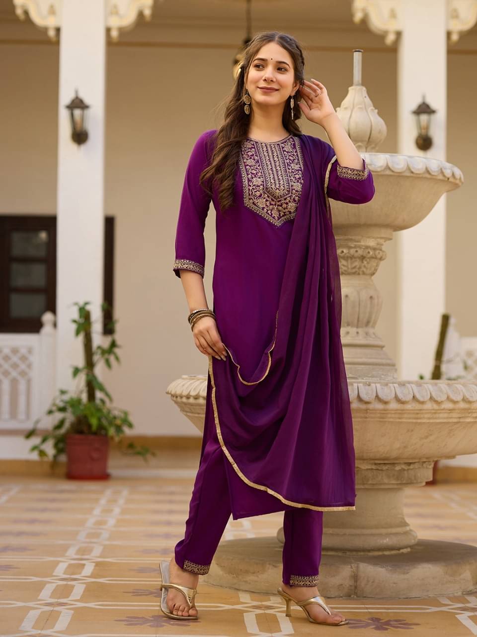     			Vasu Creation Women Rayon Embroidered Straight Kurti With Pants ( Purple )