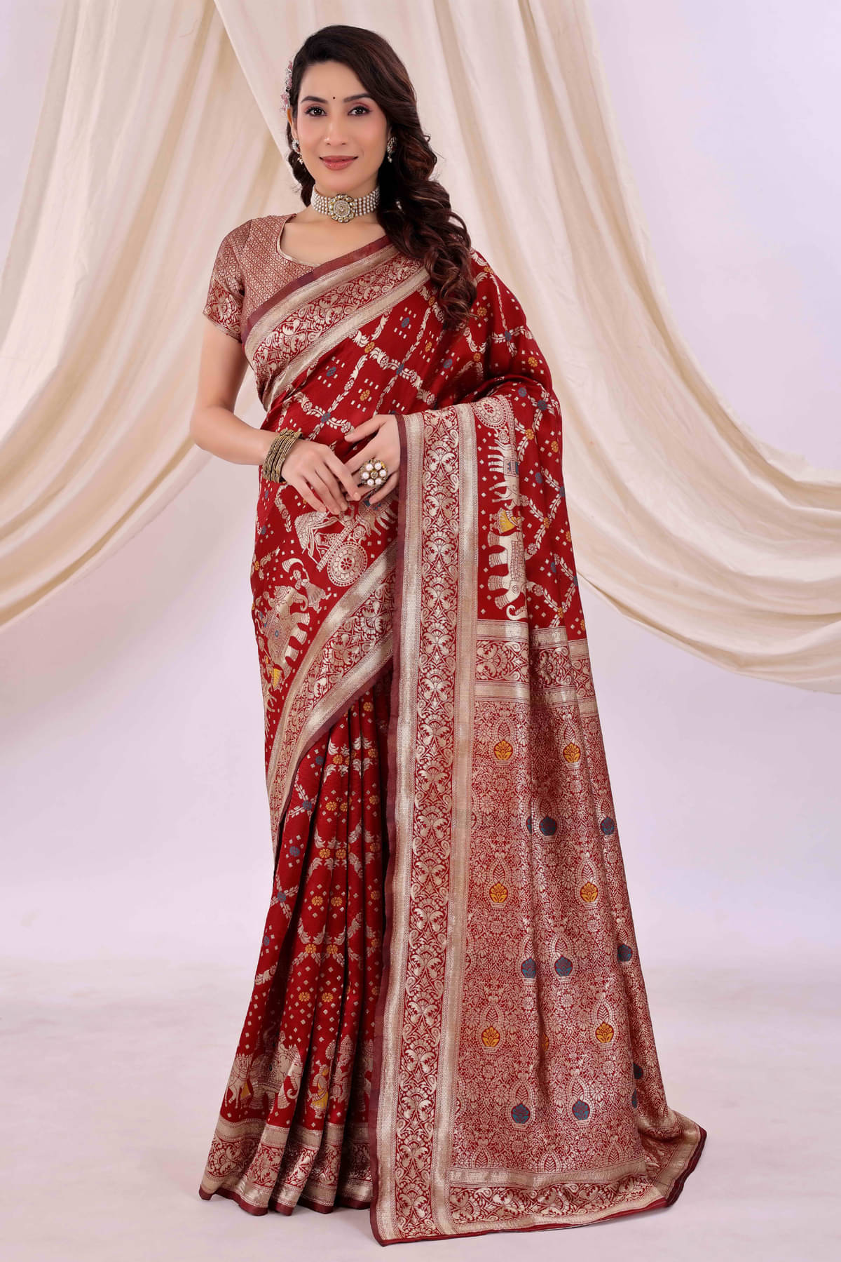     			Vkaran Cotton Silk Embellished Kanjeevaram Sarees With Unstitched Blouse Piece ( Maroon )