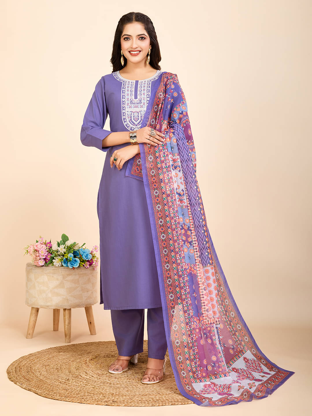 Women Basket Women Cotton Embroidered Straight Kurti With Pants ( Purple ) Women Basket Women Cotton Embroidered Straight Kurti With Pants ( Purple )