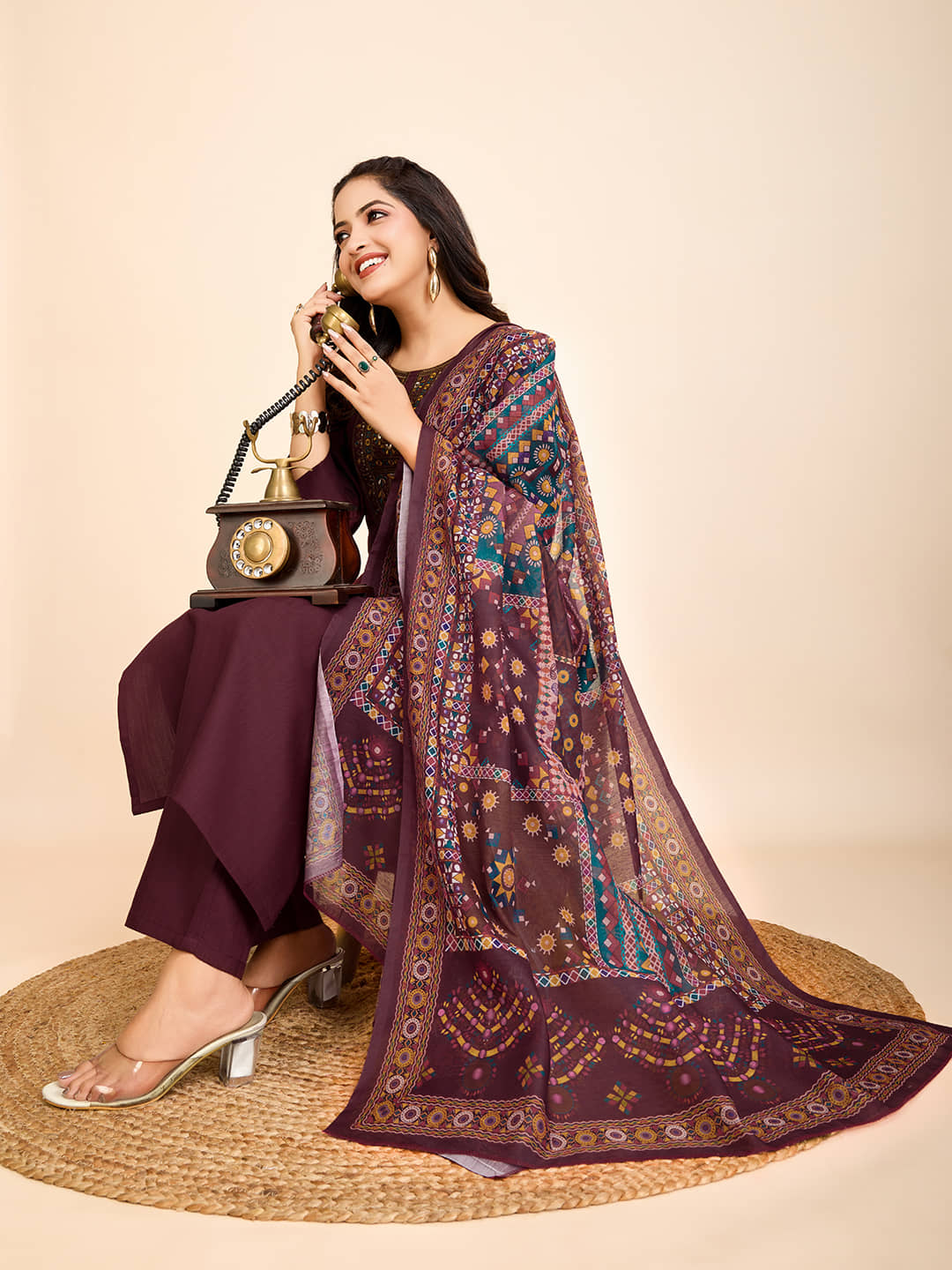 Women Basket Women Cotton Embroidered Straight Kurti With Pants ( Maroon )