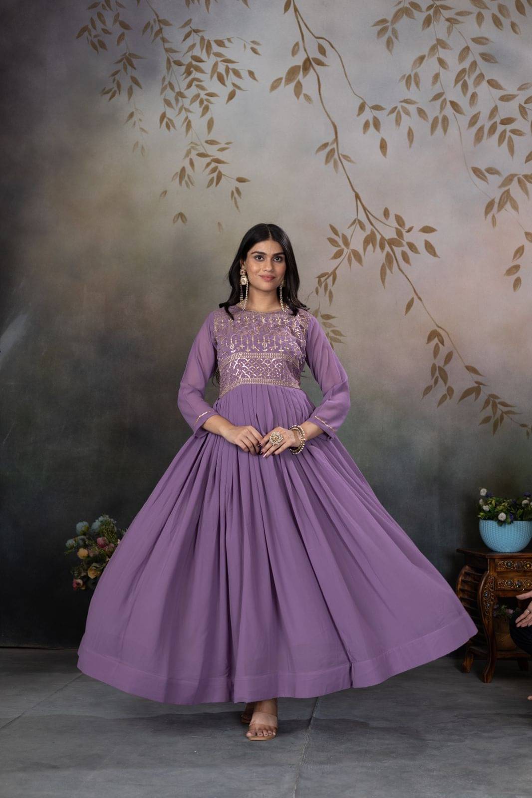     			fvd Women Georgette Flared Stitched Ethnic Gown ( Purple )