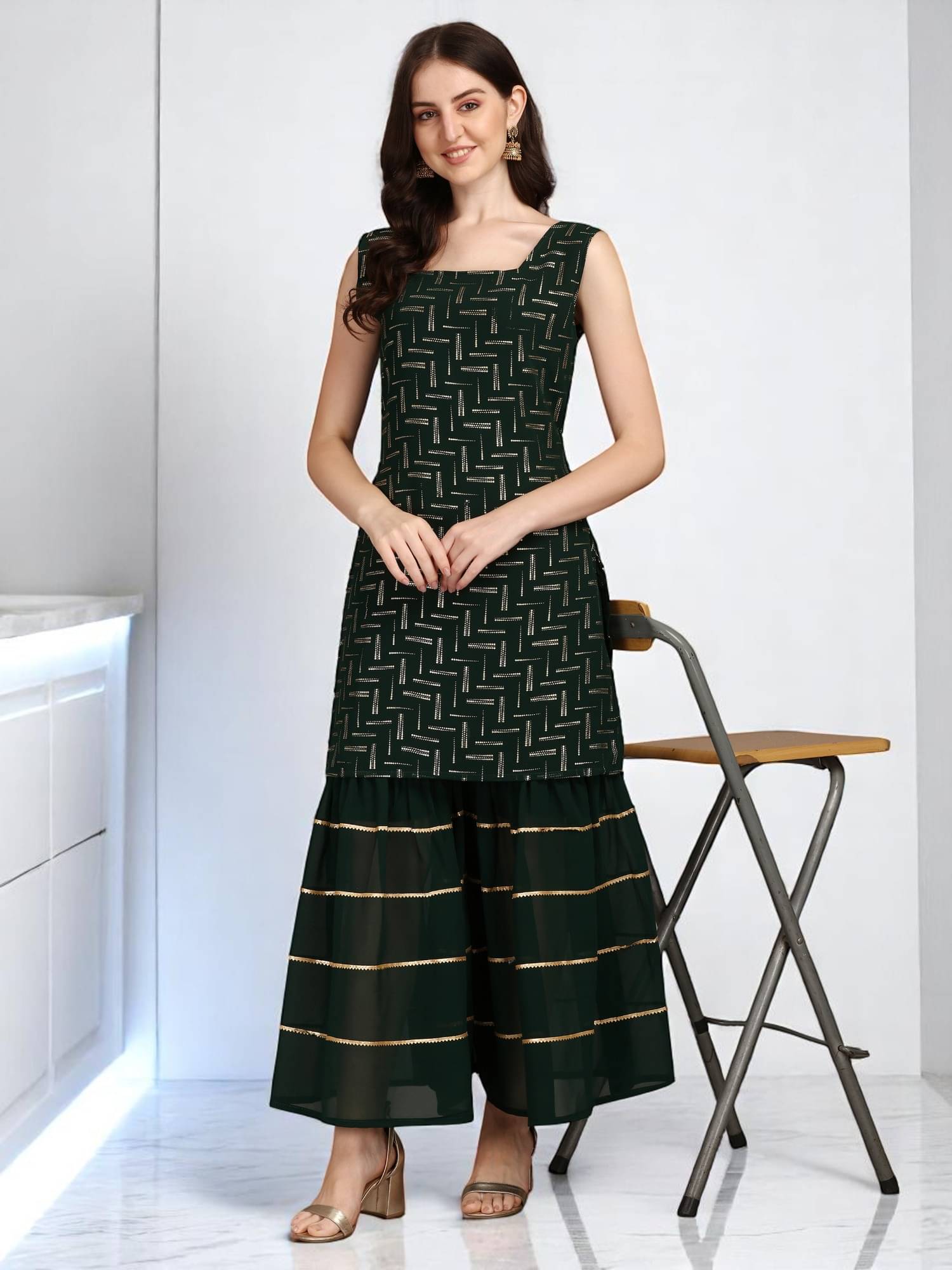     			gufrina Women Georgette Printed A-line Kurti With Sharara And Gharara ( Dark Green )