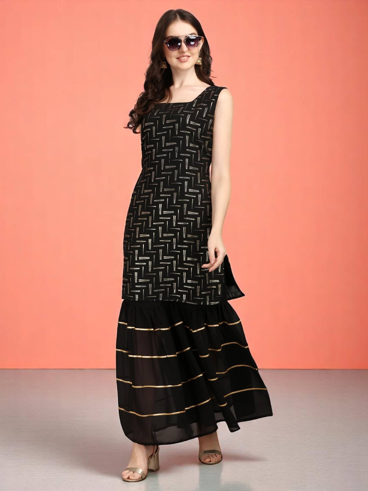    			gufrina Women Georgette Printed A-line Kurti With Sharara And Gharara ( Black )