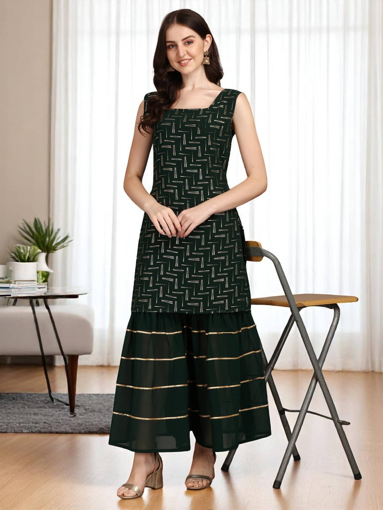 gufrina Women Georgette Printed A-line Kurti With Sharara And Gharara ( Dark Green ) gufrina Women Georgette Printed A-line Kurti With Sharara And Gharara ( Dark Green )