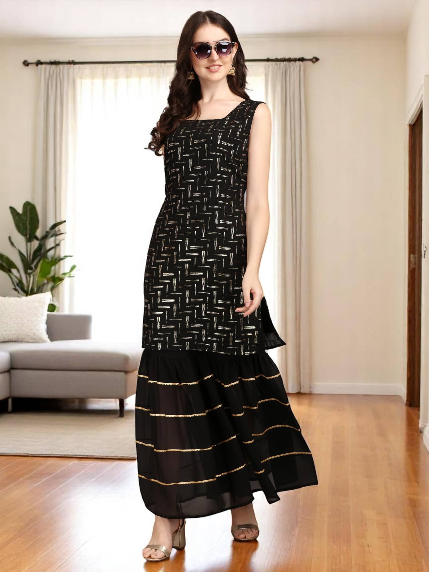 gufrina Women Georgette Printed A-line Kurti With Sharara And Gharara ( Black ) gufrina Women Georgette Printed A-line Kurti With Sharara And Gharara ( Black )