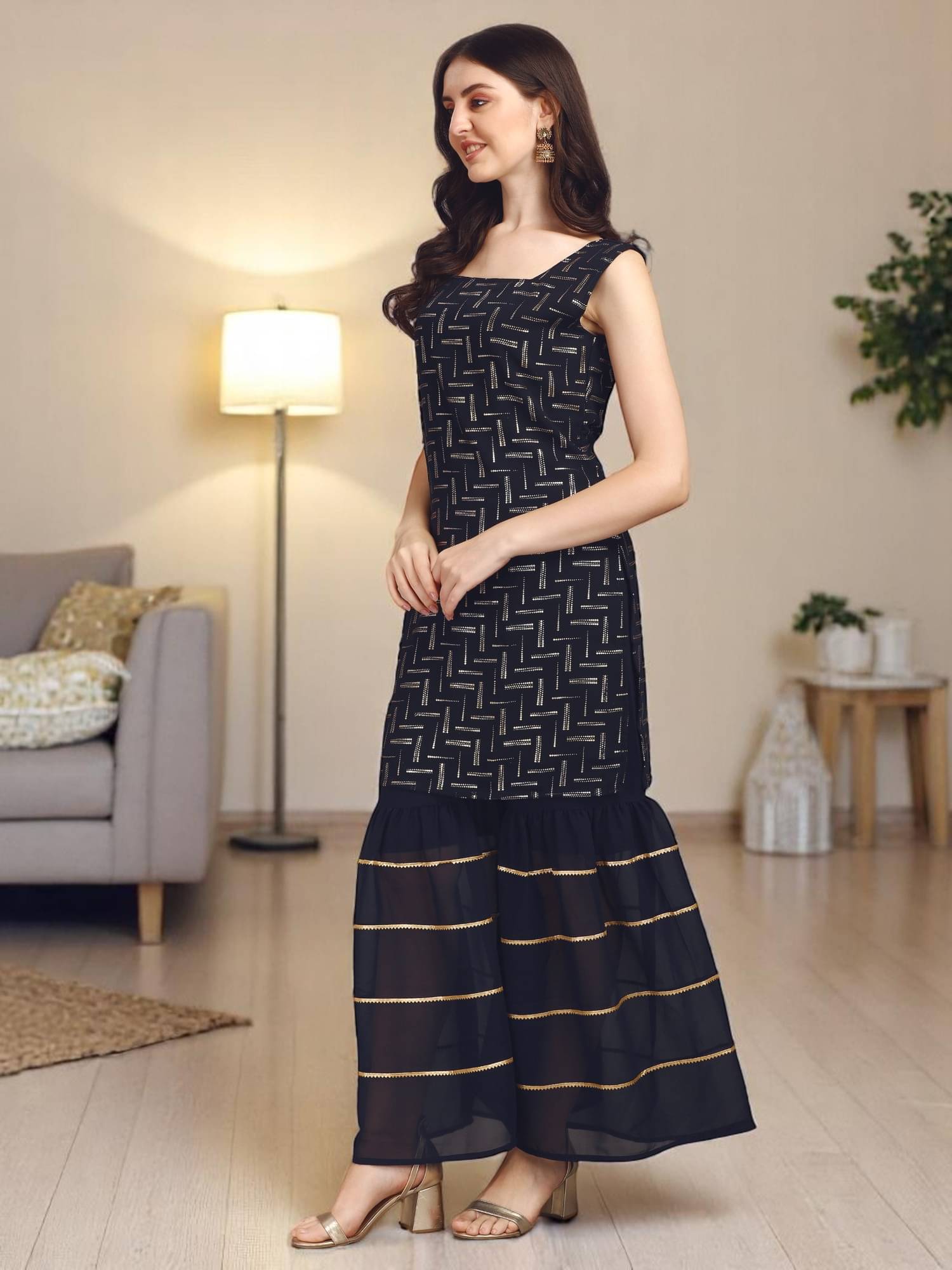     			gufrina Women Georgette Printed A-line Kurti With Sharara And Gharara ( Blue )