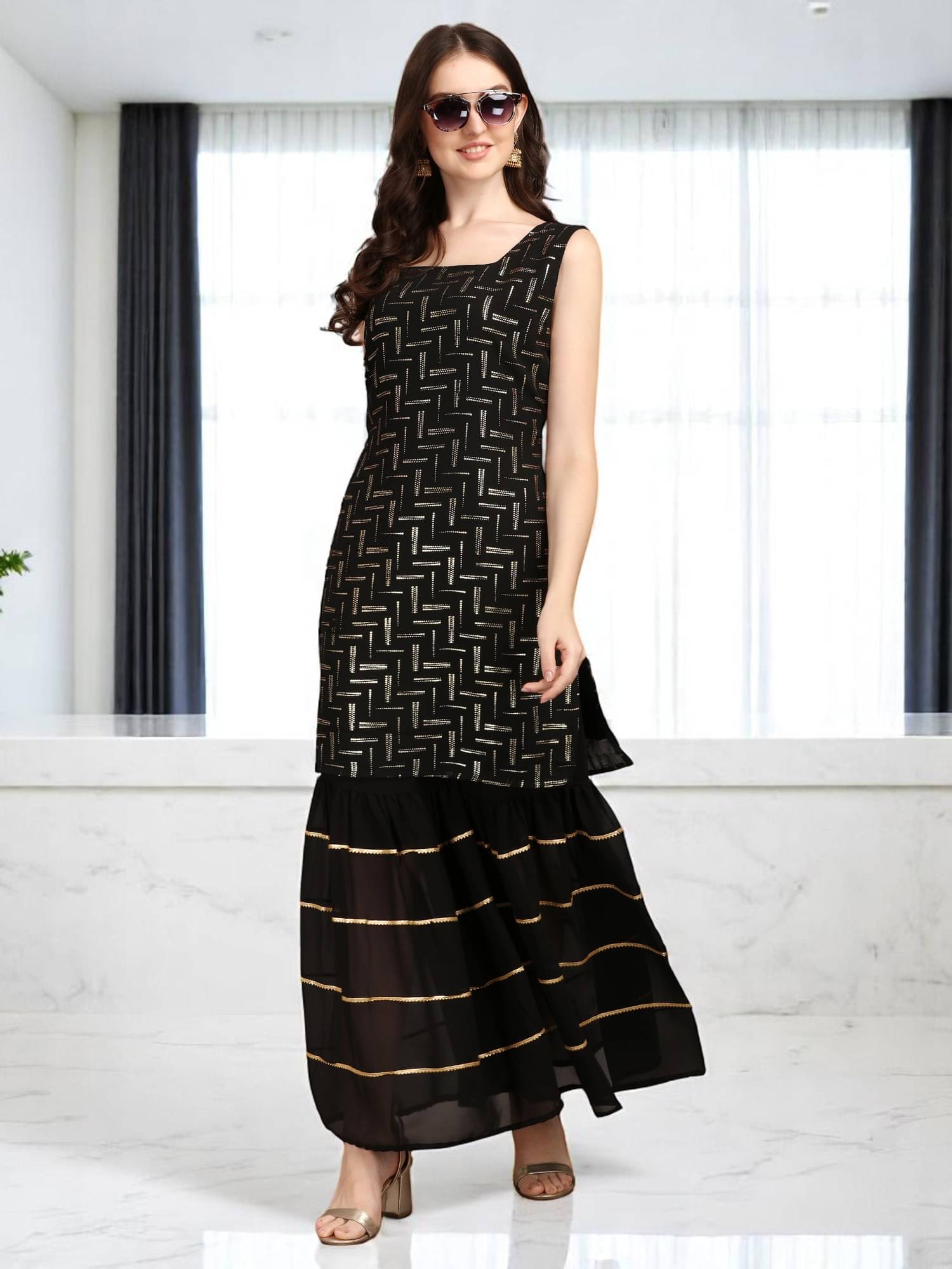 gufrina Women Georgette Printed A-line Kurti With Sharara And Gharara ( Black ) gufrina Women Georgette Printed A-line Kurti With Sharara And Gharara ( Black )
