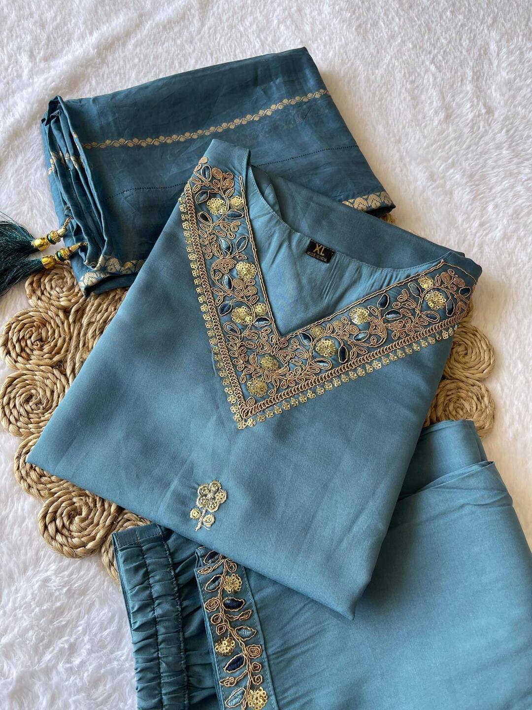     			gufrina Women Silk Blend Embroidered A-line Kurti With Pants ( Aqua Blue )