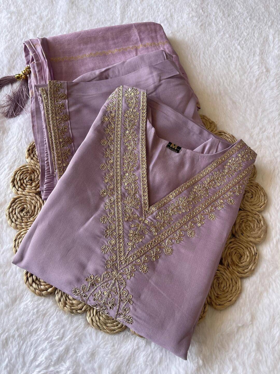 gufrina Women Silk Blend Embroidered A-line Kurti With Pants ( Lavender ) gufrina Women Silk Blend Embroidered A-line Kurti With Pants ( Lavender )
