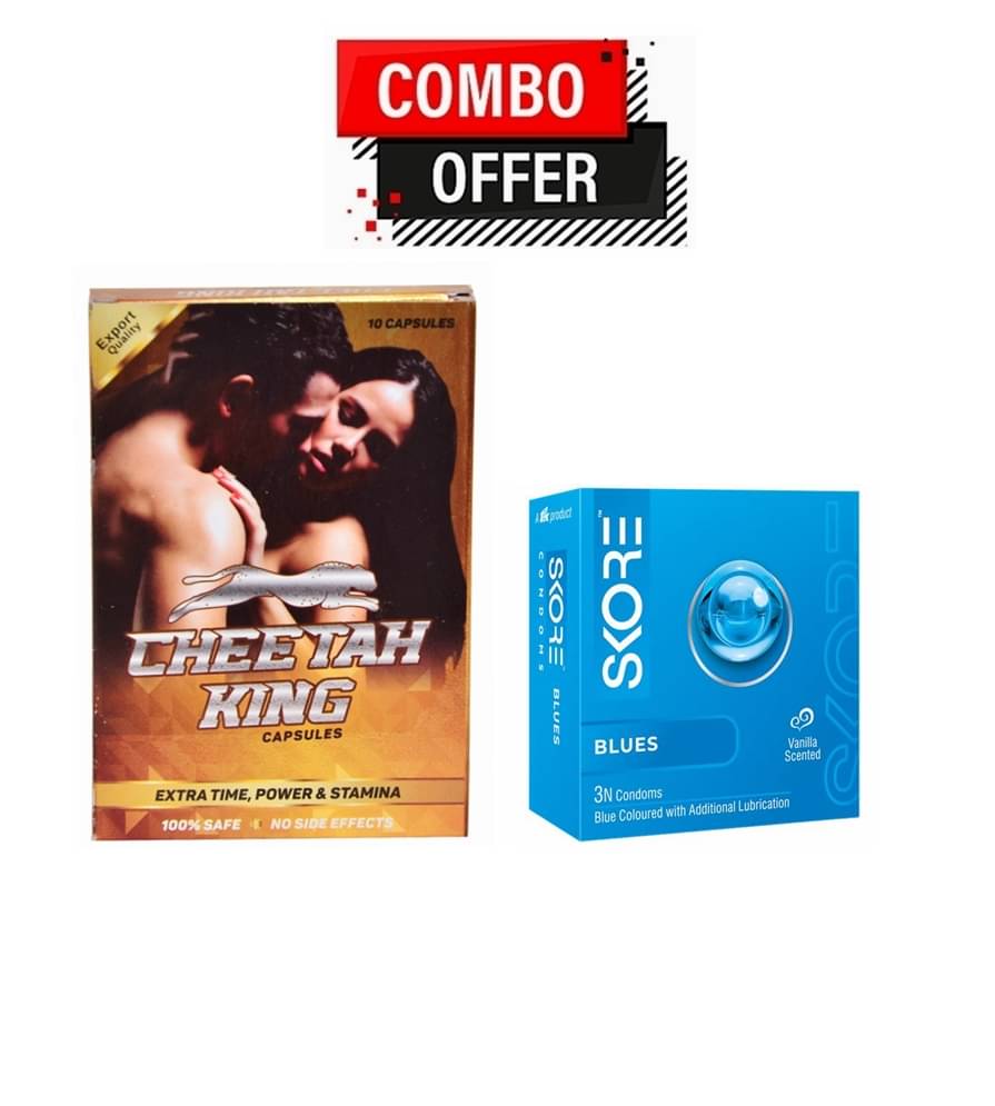 Dr. Chopra Cheetah King Capsule 10no.s & Skore Blue 3Condoms 1500+Dots Pack of 2 Dr. Chopra Cheetah King Capsule 10no.s & Skore Blue 3Condoms 1500+Dots Pack of 2