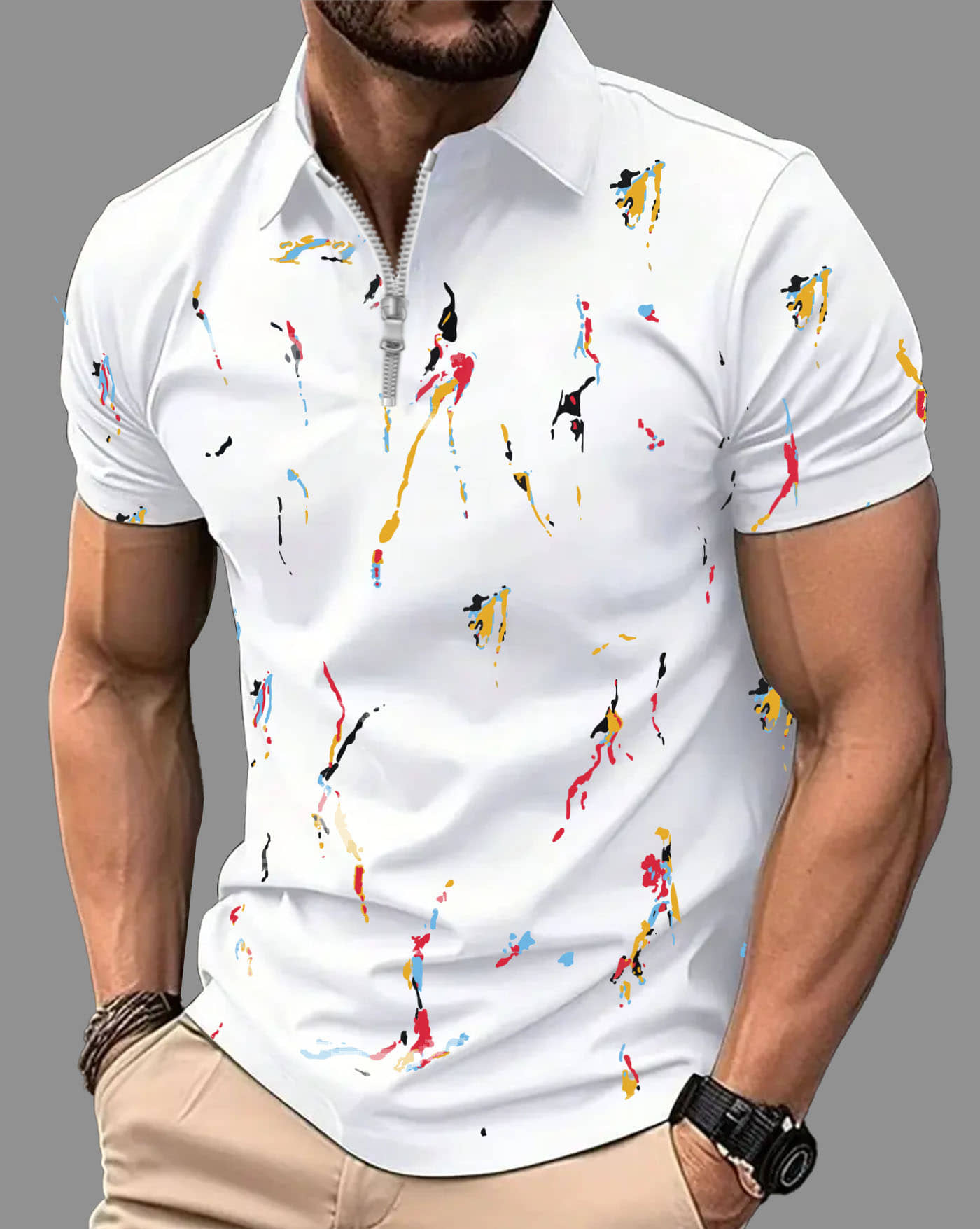 AUSK Men Cotton Blend Regular Fit Printed Polo T Shirt ( White )