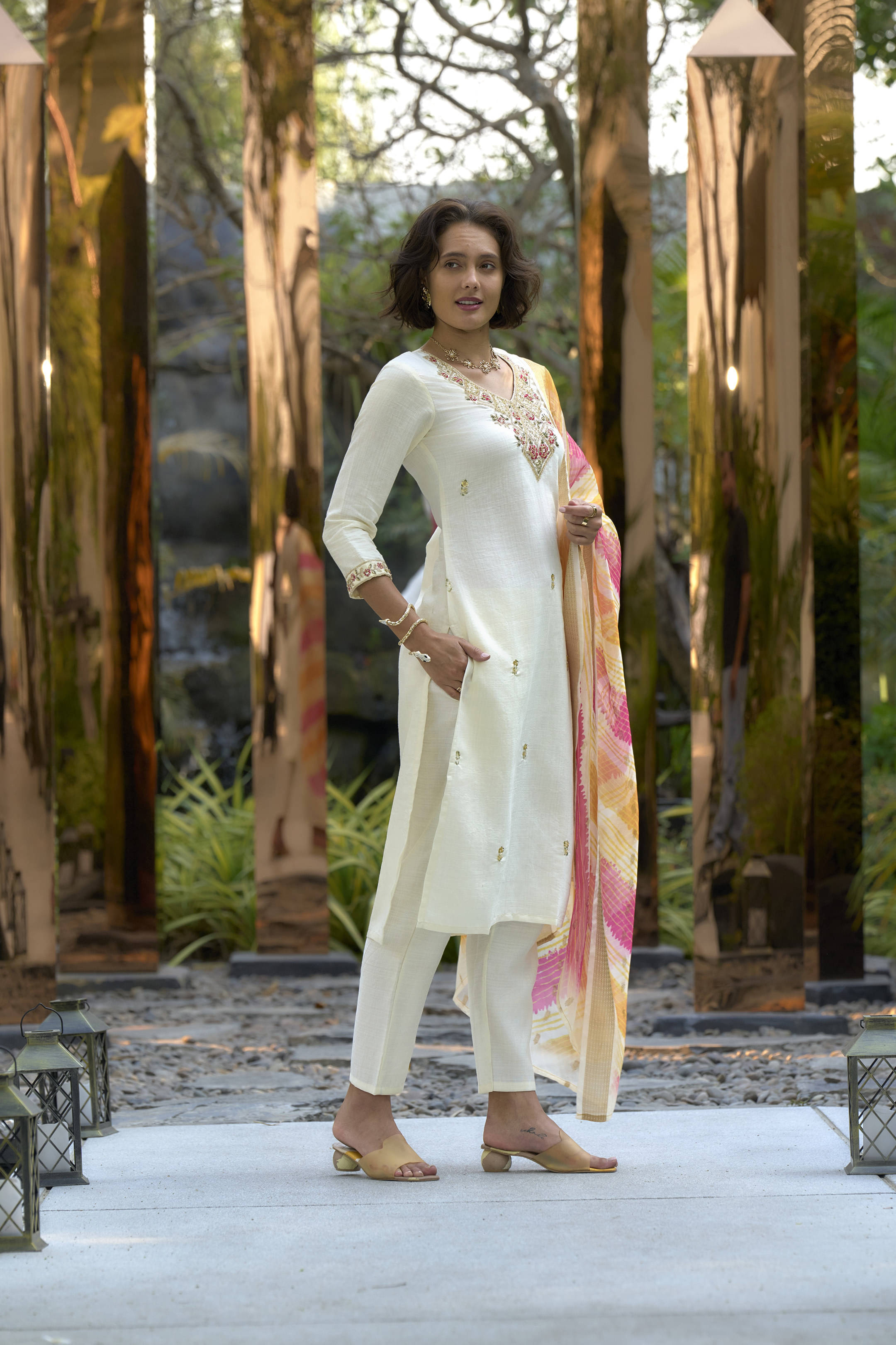 CYNOR Women Cotton Embroidered Straight Kurti with Dupatta ( Cream ) CYNOR Women Cotton Embroidered Straight Kurti with Dupatta ( Cream )