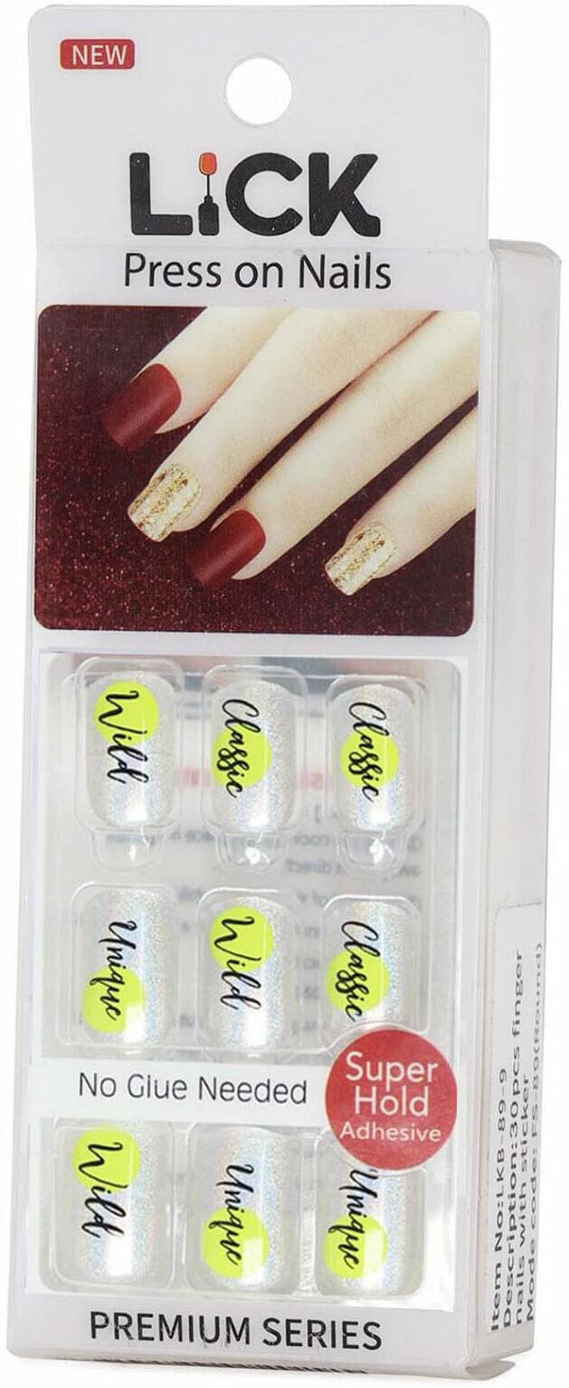 Lick Artificial Nails Set Glossy Glitter Light Grey With Neon Green (Pack of 12) Lick Artificial Nails Set Glossy Glitter Light Grey With Neon Green (Pack of 12)