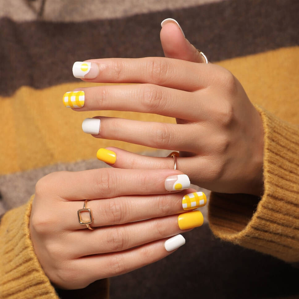 Lick Artificial Nails Set Glossy Yellow & White Sunshine Yellow With Pearl White (Pack of 12)     			Lick Artificial Nails Set Glossy Yellow & White Sunshine Yellow With Pearl White (Pack of 12)