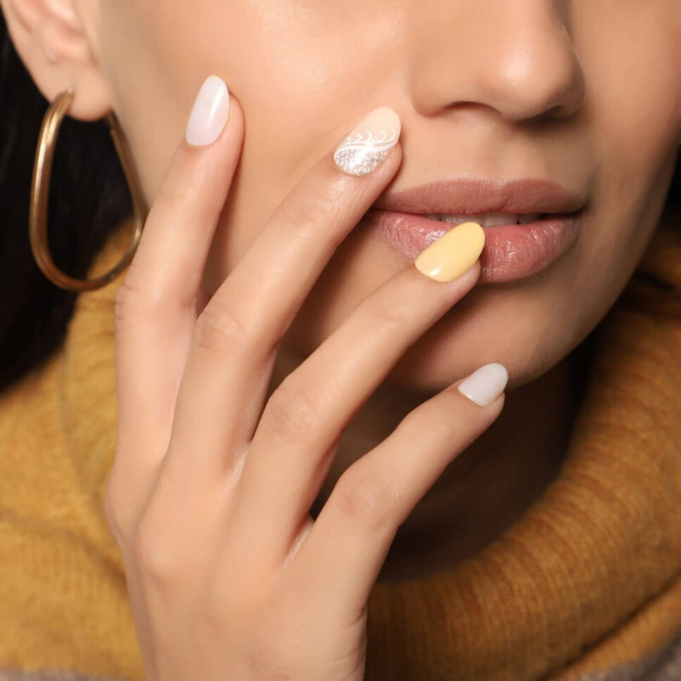 Lick Artificial Nails Set Glossy Yellow Oval Shaped White And Pastel Yellow With Greige Printed (Pack of 12) Lick Artificial Nails Set Glossy Yellow Oval Shaped White And Pastel Yellow With Greige Printed (Pack of 12)
