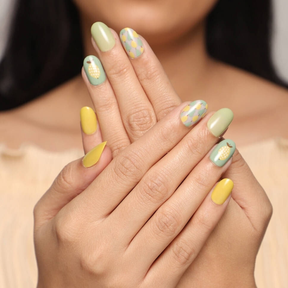 Lick Artificial Nails Set Glossy Light Green Oval Shape Yellow and Green Shade With Summer Prints (Pack of 12) Lick Artificial Nails Set Glossy Light Green Oval Shape Yellow and Green Shade With Summer Prints (Pack of 12)